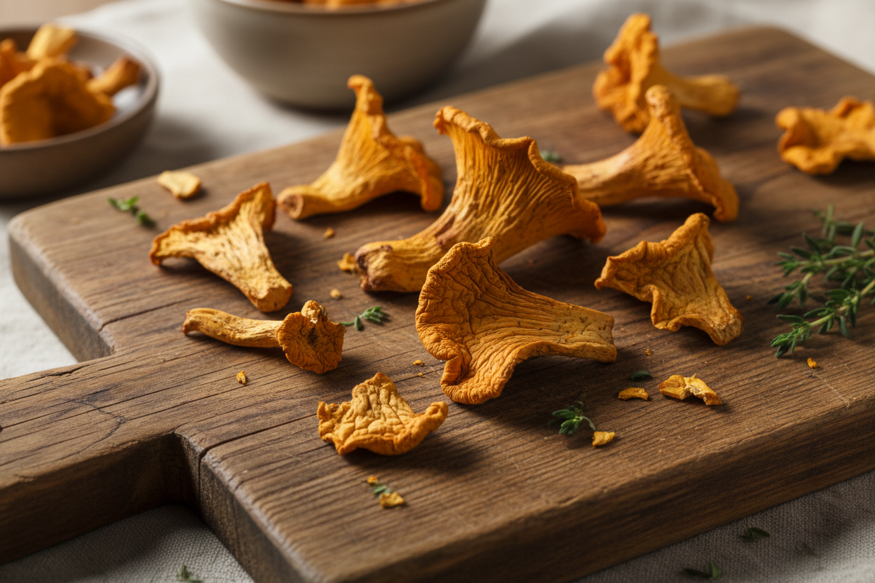 Chanterelles déshydratées dorées disposées sur une planche de bois avec brins de thym frais