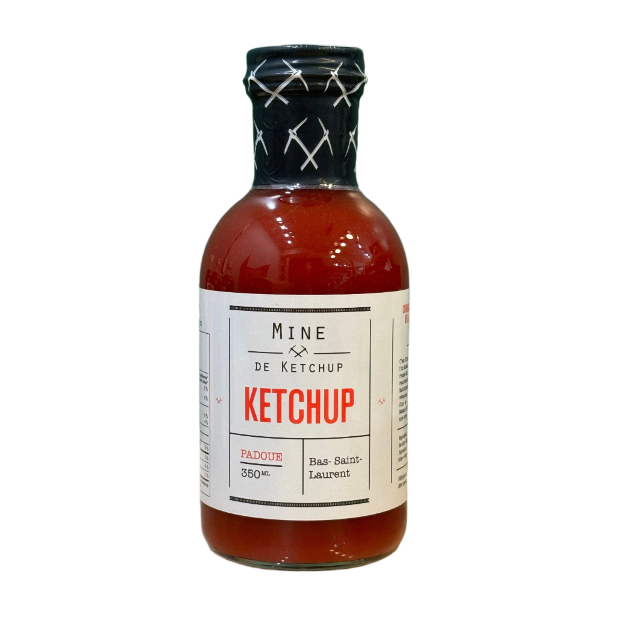 Bouteille en verre 350ml de ketchup Mine de Ketchup, étiquette blanche avec logo rouge, capsule noire striée, Bas-Saint-Laurent