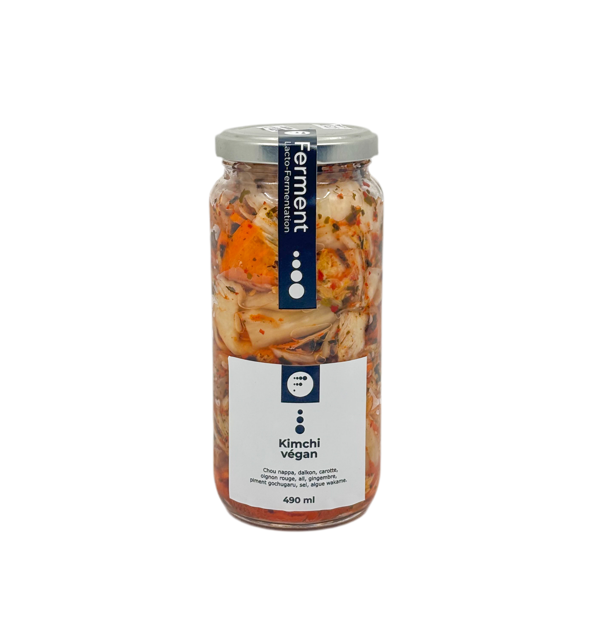 Pot en verre 490ml de kimchi végane Ferment, légumes lacto-fermentés rouge-orange, couvercle argenté