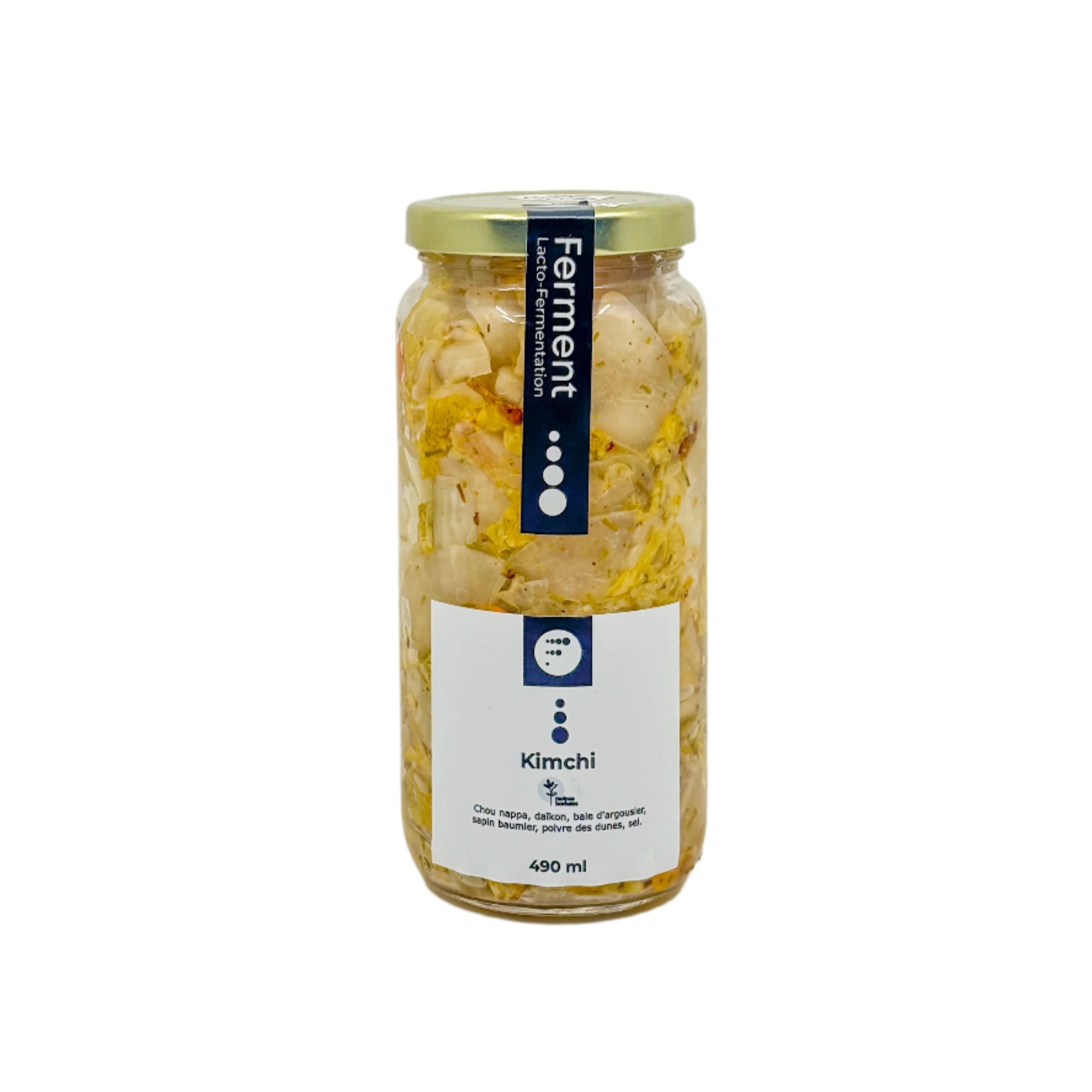 Pot en verre 490ml de kimchi boréal Ferment, légumes lacto-fermentés jaune-blanc (chou nappa, daïkon, baie d'argousier), étiquette bleue et blanche, couvercle doré