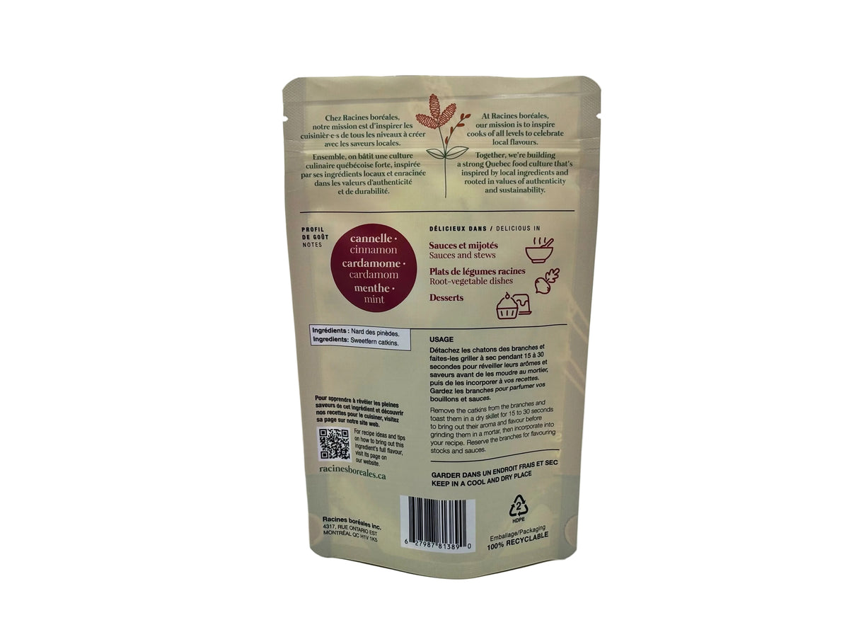 Verso du sachet de nard des pinèdes Racines boréales, avec ingrédients et suggestions d'utilisation