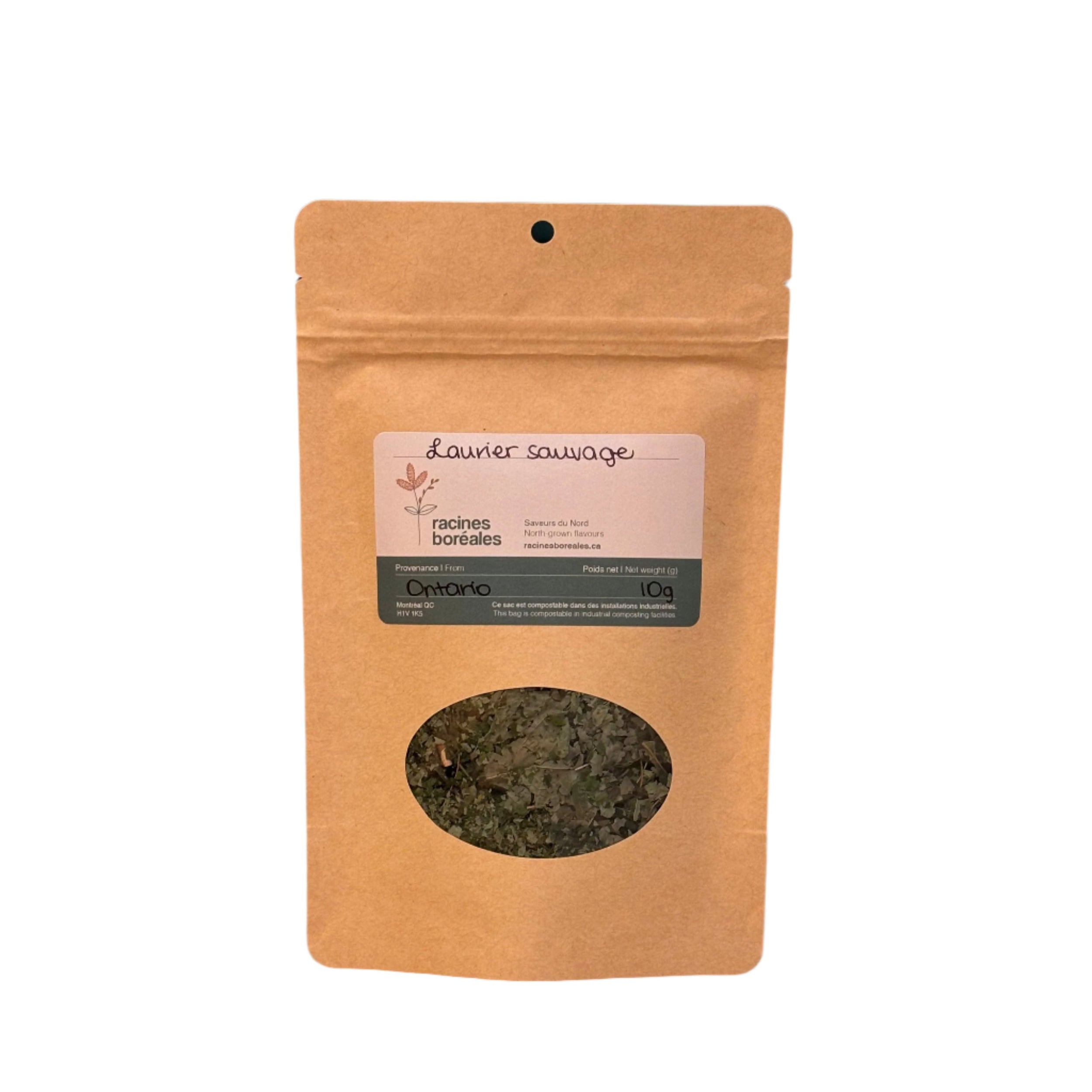 Sachet kraft 10g de laurier sauvage Racines Boréales, étiquette rose avec logo, fenêtre ovale montrant feuilles séchées, Ontario