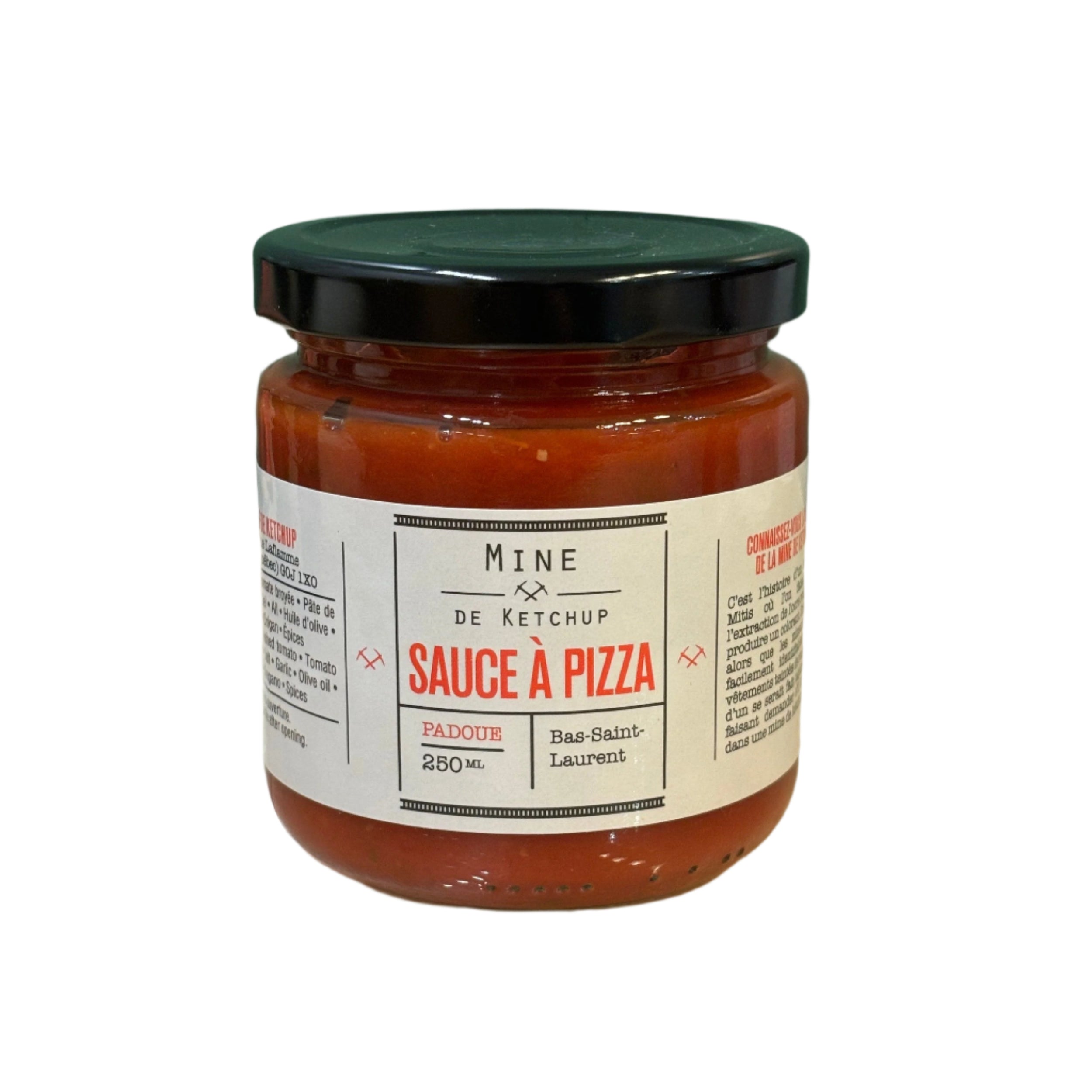 Pot en verre 250ml de sauce à pizza Mine de Ketchup, étiquette blanche avec texte rouge, couvercle vert foncé, Bas-Saint-Laurent