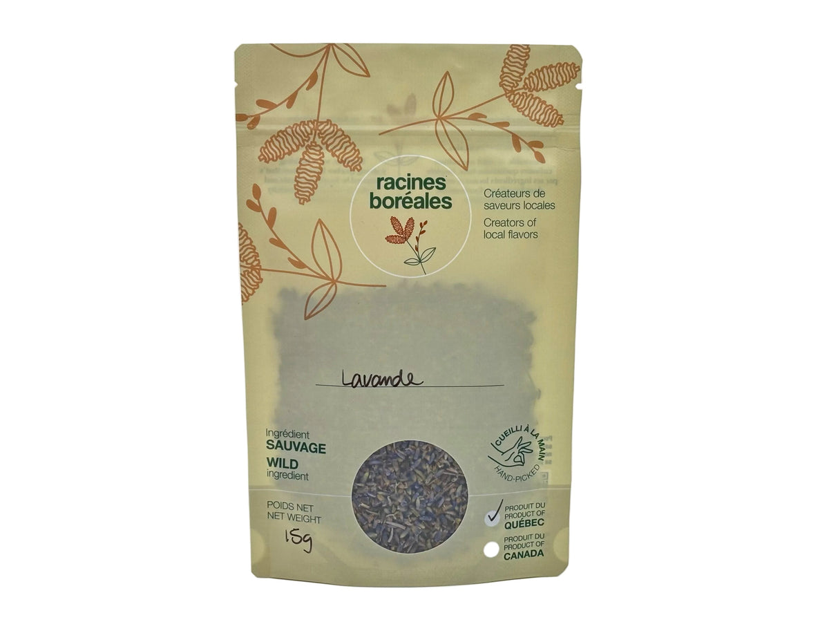 Sachet de lavande sauvage séchée Racines boréales, 15 g, étiquette manuscrite « Lavande » avec fenêtre montrant les fleurs séchées