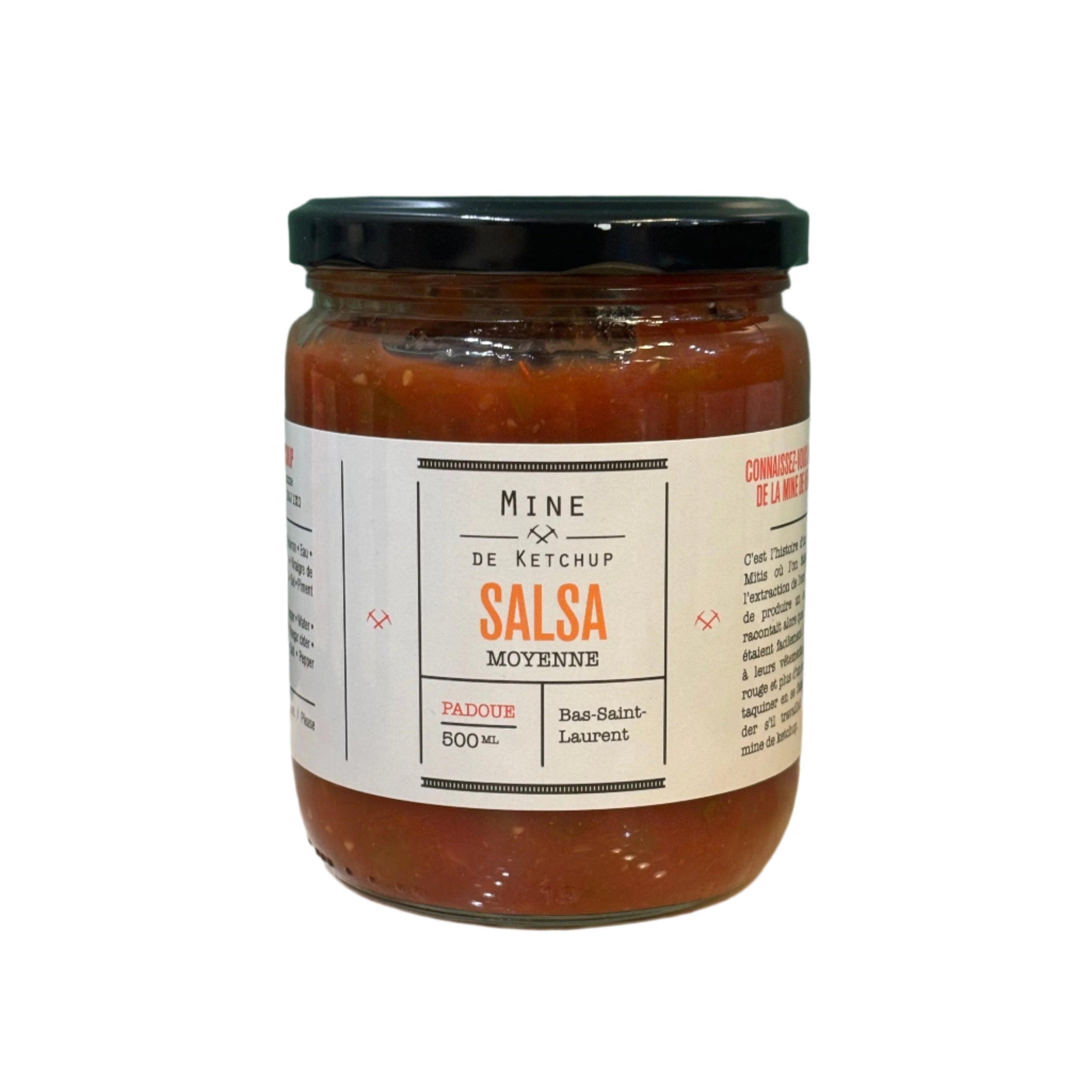 Pot en verre 500ml de salsa moyenne Mine de Ketchup, étiquette blanche et rouge, couvercle noir, Bas-Saint-Laurent