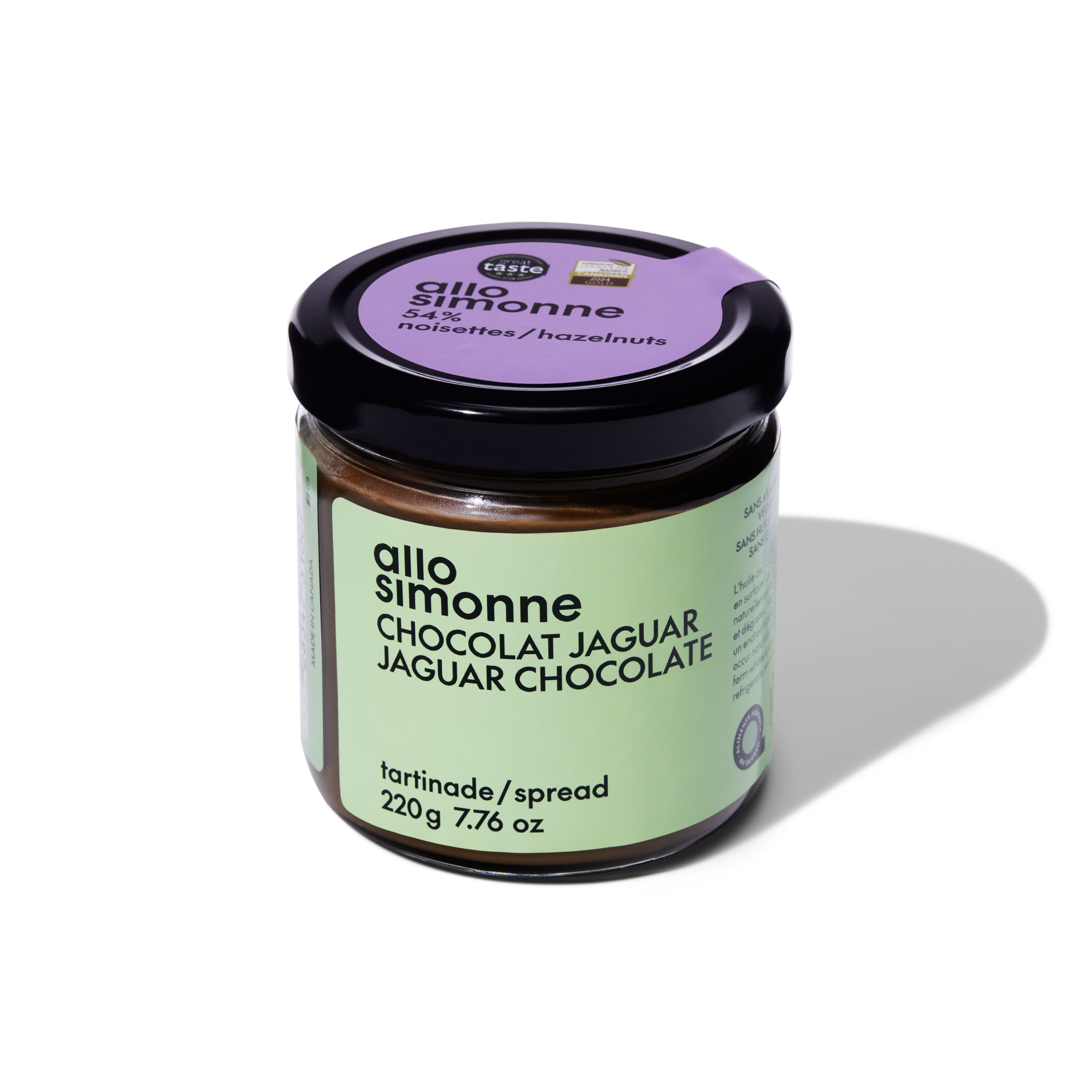 Pot de tartinade allo simonne au chocolat jaguar sur fond blanc