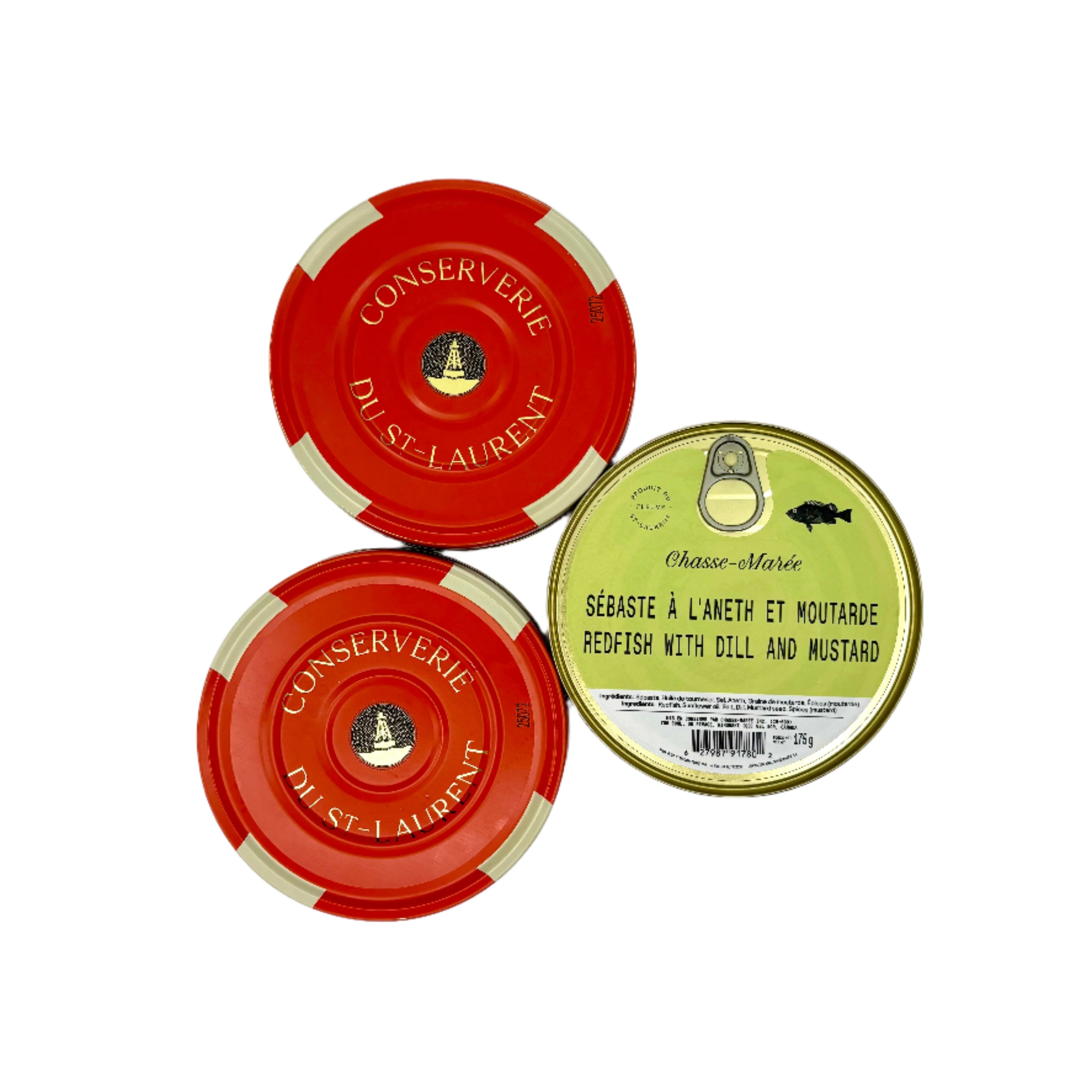 Trois conserves de sébaste à l'aneth et moutarde de Chasse-Marée, dont deux sont à l'envers