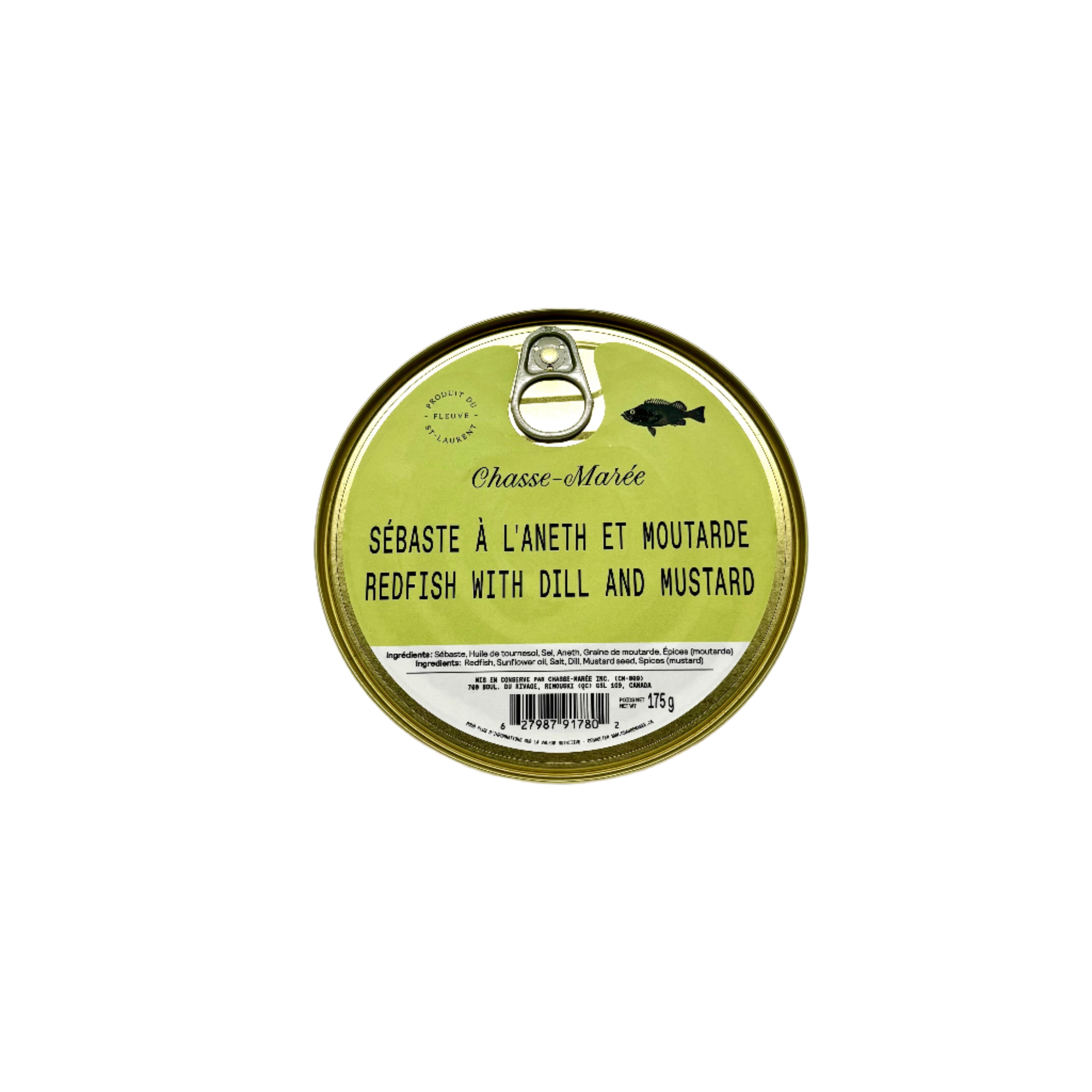 Conserve de sébaste à l'aneth et moutarde de Chasse-Marée sur fond blanc