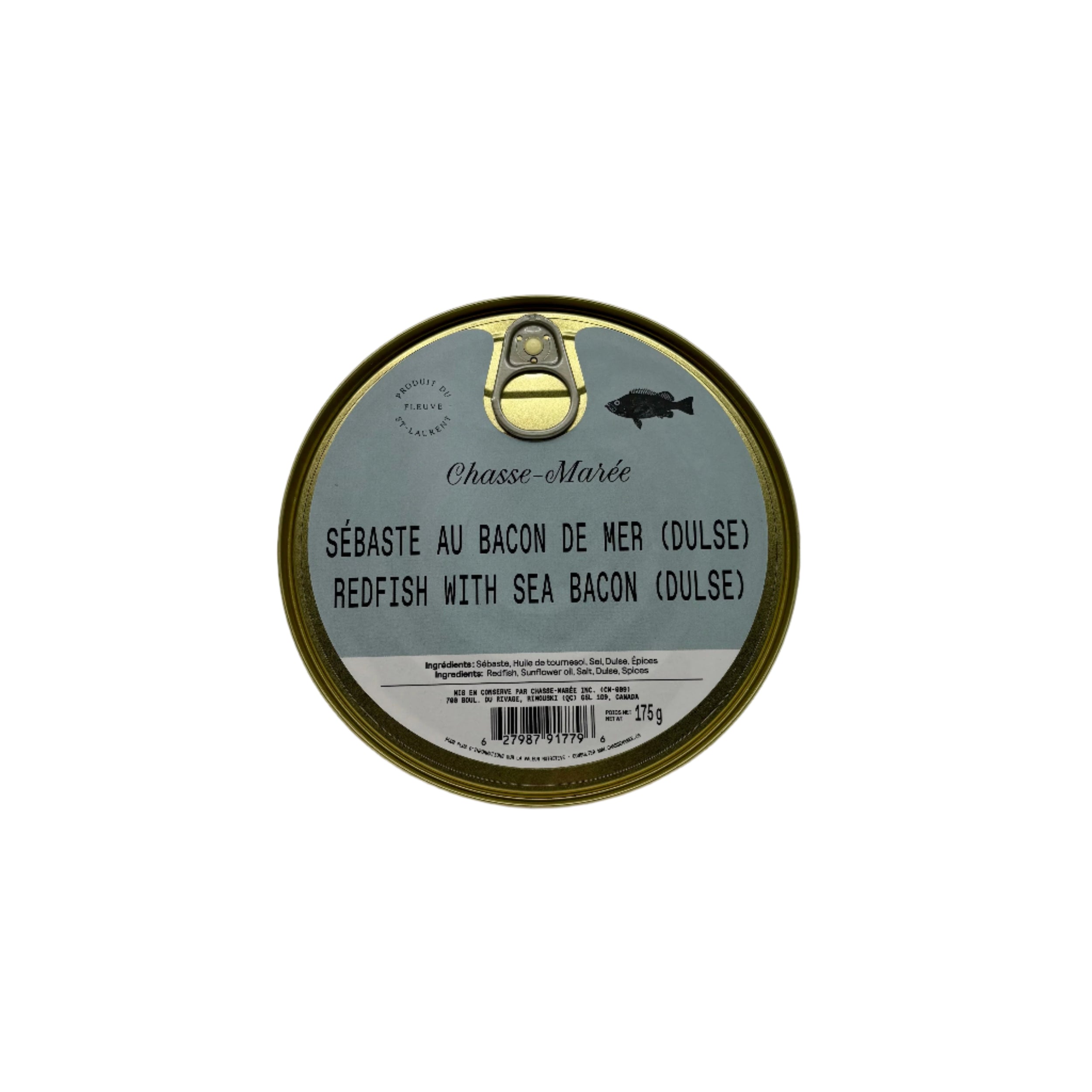 Conserve de sébaste au bacon de mer sur fond blanc
