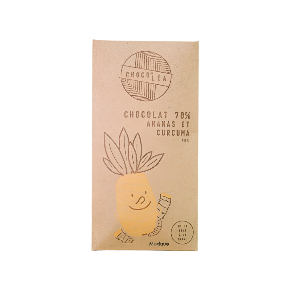 Barre de chocolat noir 70% à l'ananas et curcuma