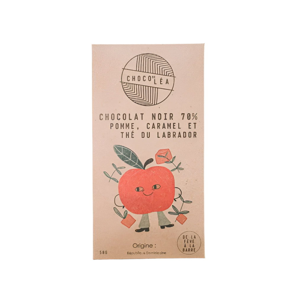 Barre de chocolat noir 70% au thé du Labrador, pomme du Québec et caramel