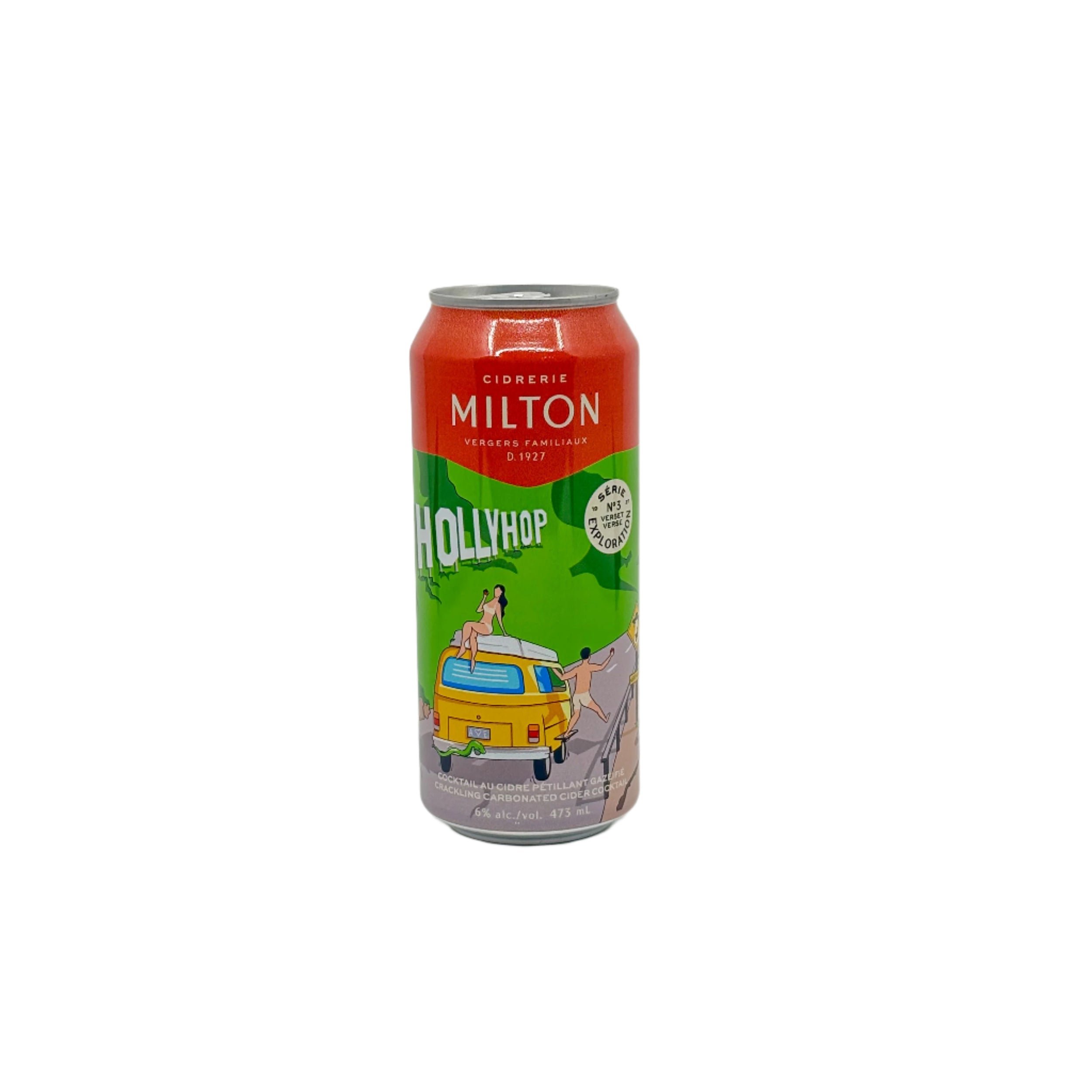 Cannette de cidre Hollyhop de la cidrerie Milton photographiée sur fond blanc