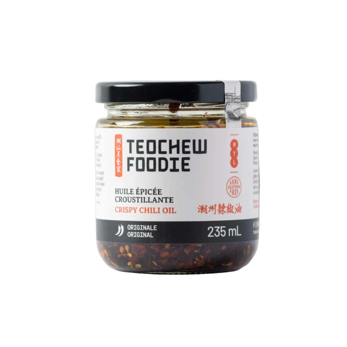 Pot d'huile croustillante épicée de Teochew Foodie sur fond blanc