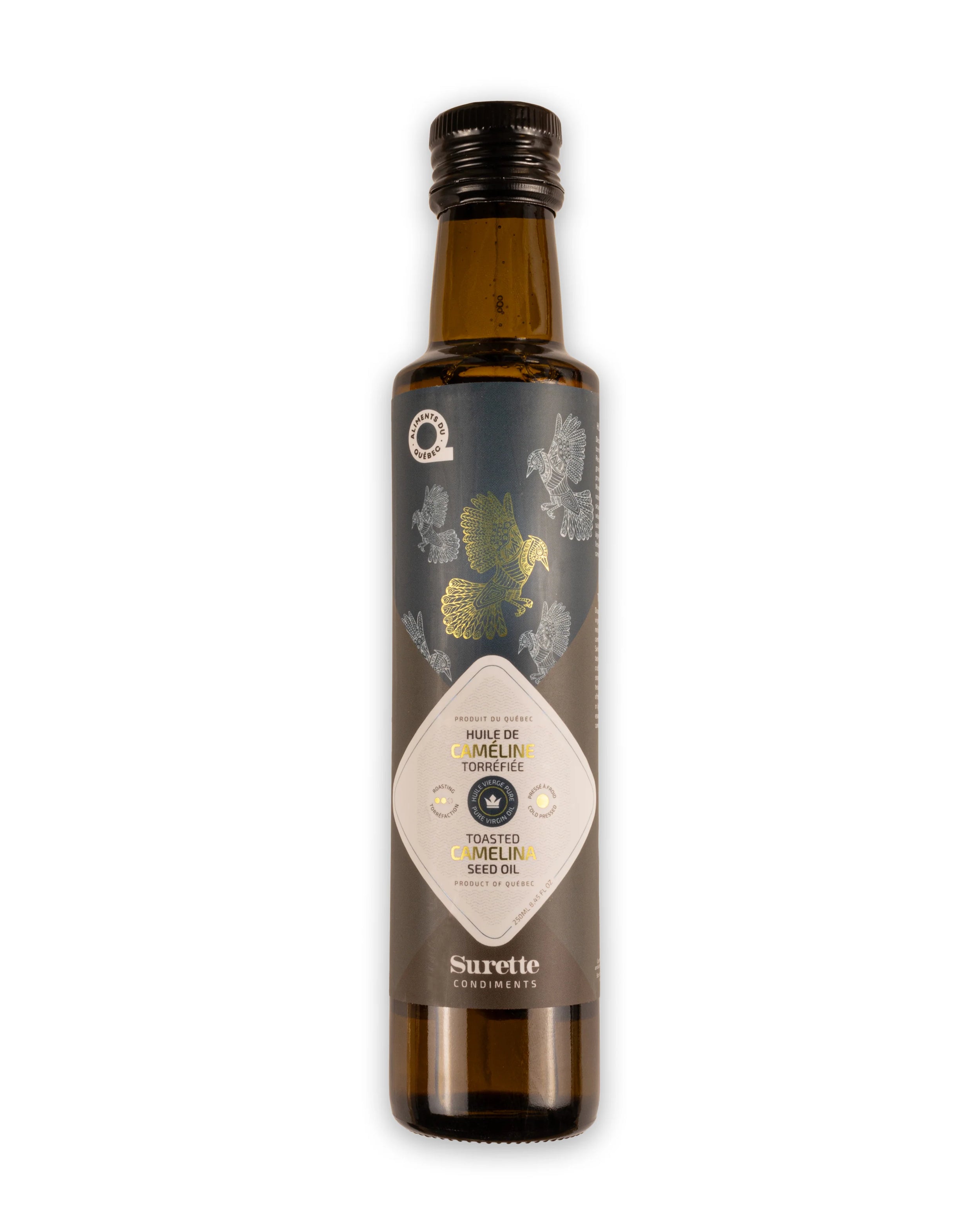 Bouteille d'huile de caméline torréfiée Surette Condiments 250ml, étiquette grise avec oiseaux dorés, produit du Québec