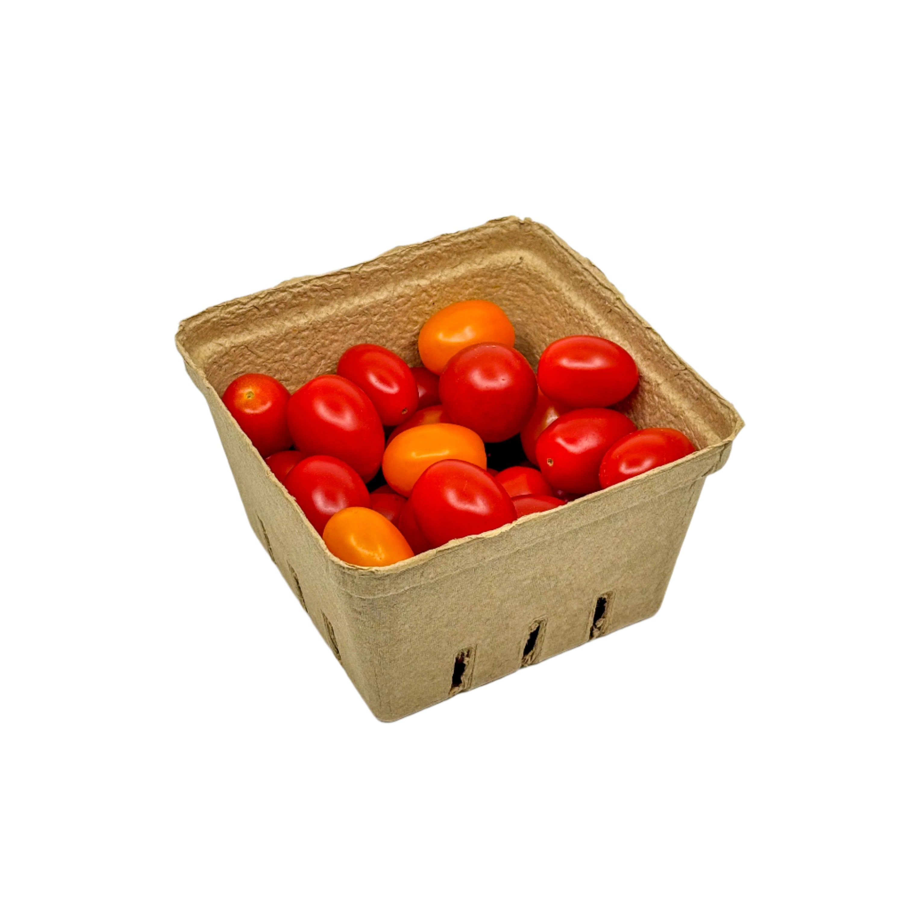 Tomates cerises rouges et oranges dans une barquette en pulpe de carton