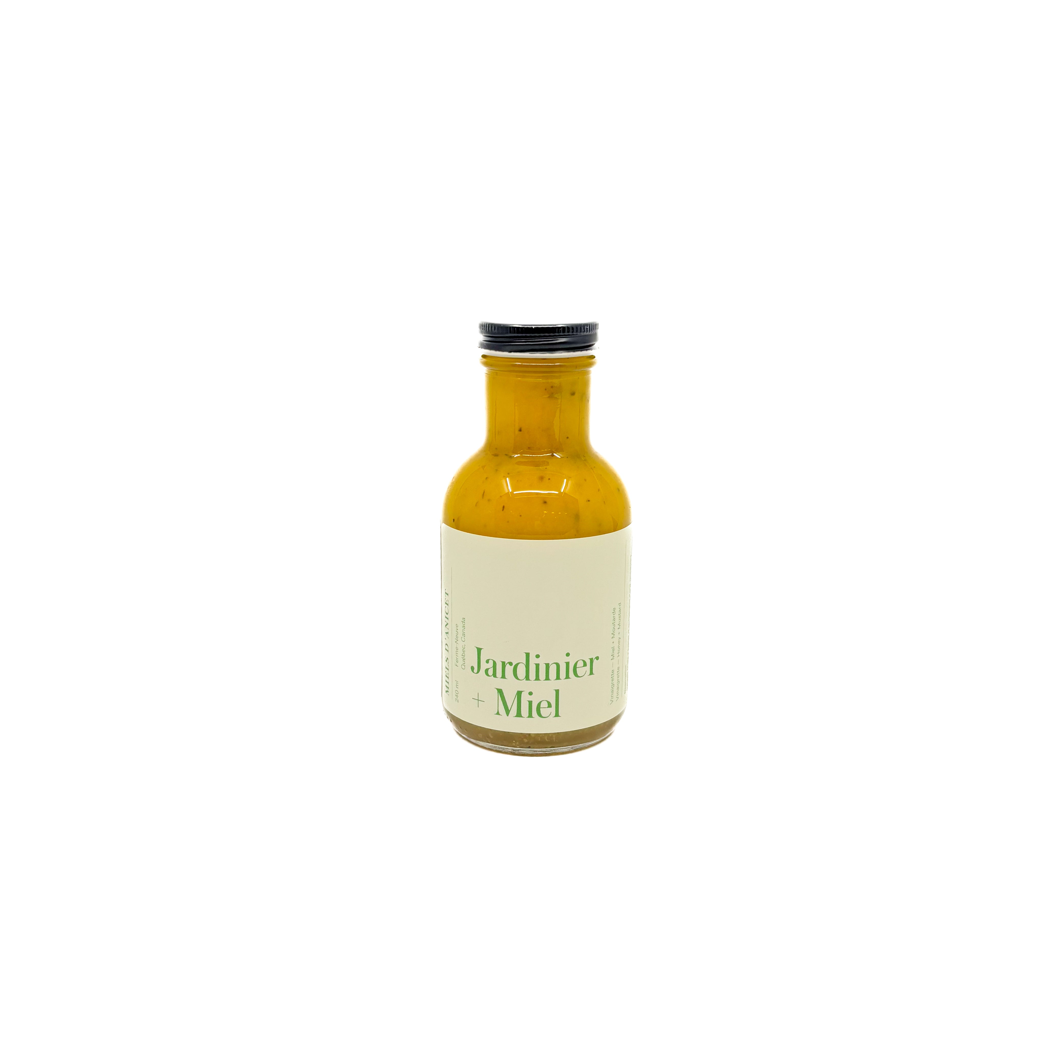 Bouteille de vinaigrette Jardinier + Miel de Miels d'Anicet sur fond blanc