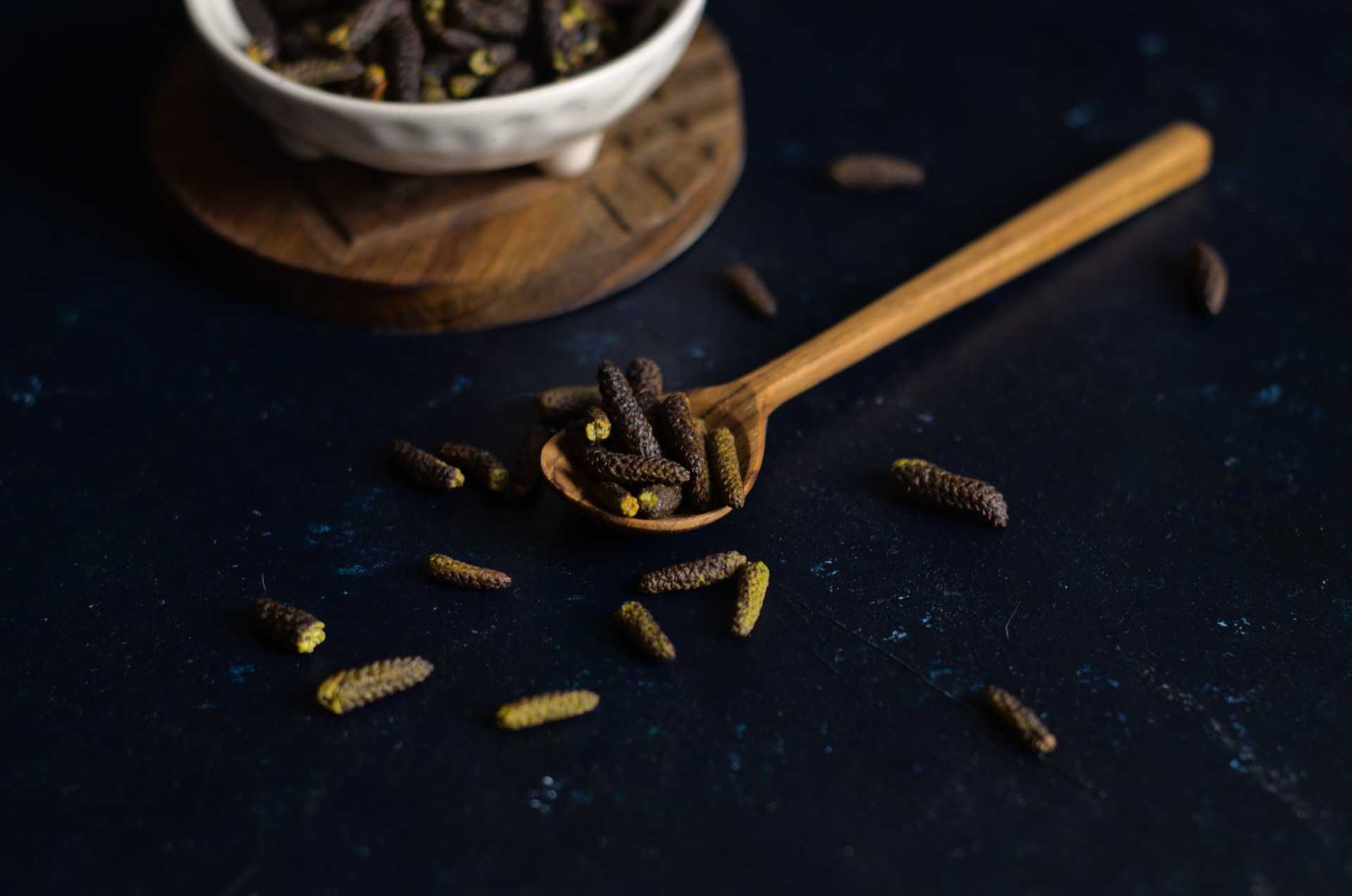 Chatons de poivre des dunes fumé dans une petite cuiller de bois sur fond bleu foncé.