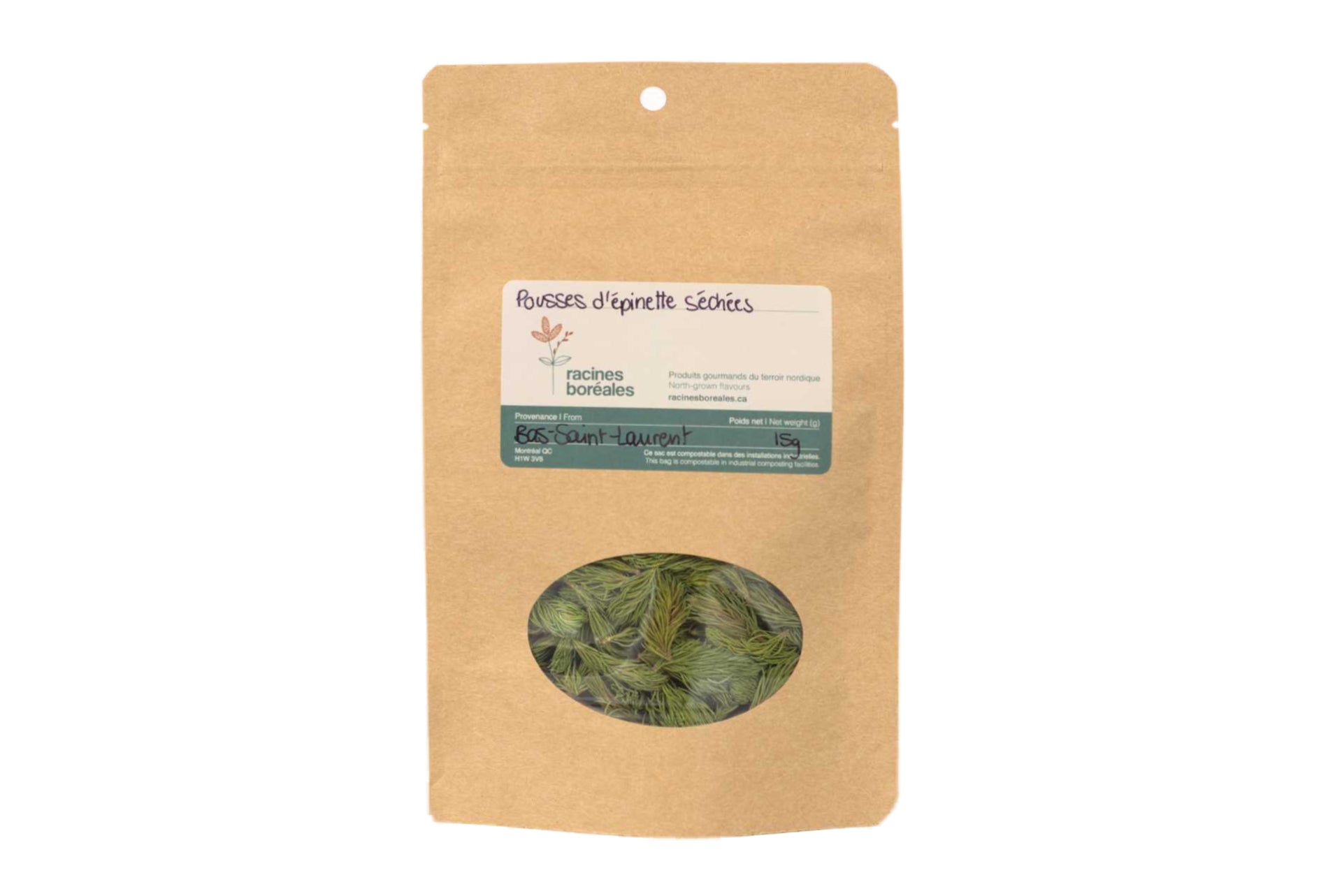 Sachet kraft de pousses d'épinette déshydratées.