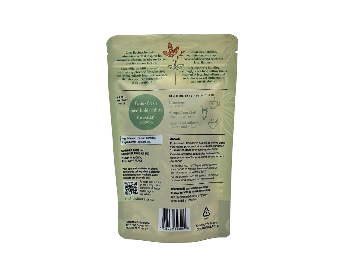 Verso du sachet de thé du Labrador Racines boréales, avec ingrédients et suggestions d'utilisation