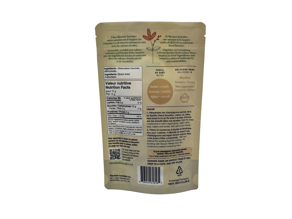 Verso du sachet de matsutakes déshydratés tranchés Racines boréales, avec valeur nutritive et suggestions d'utilisation