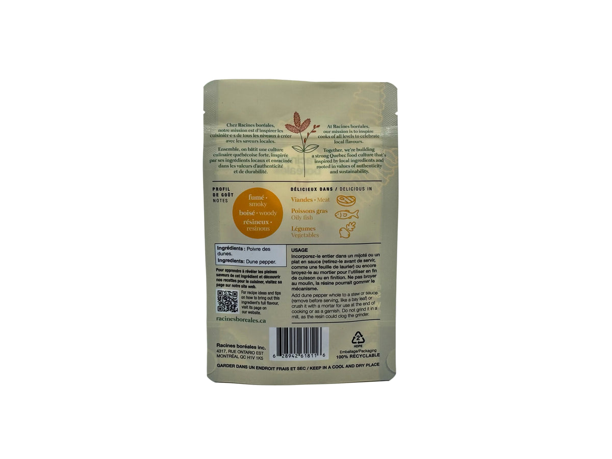 Verso du sachet de poivre des dunes fumé Racines boréales, avec ingrédients et suggestions d'utilisation