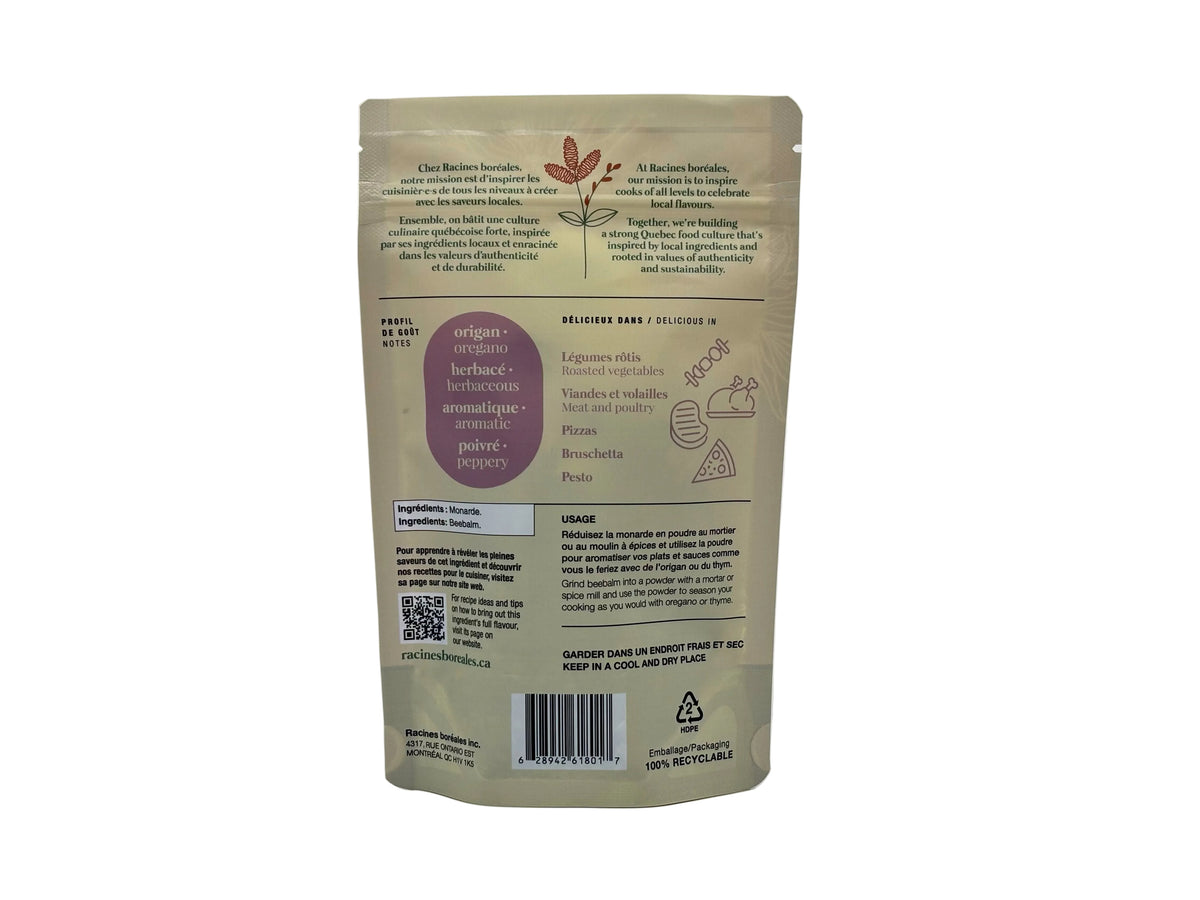 Verso du sachet de monarde séchée Racines boréales, avec ingrédients et suggestions d'utilisation