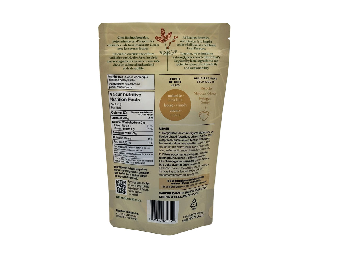 Verso du sachet de cèpes d'Amérique déshydratés en tranches Racines boréales, avec valeur nutritive et suggestions d'utilisation