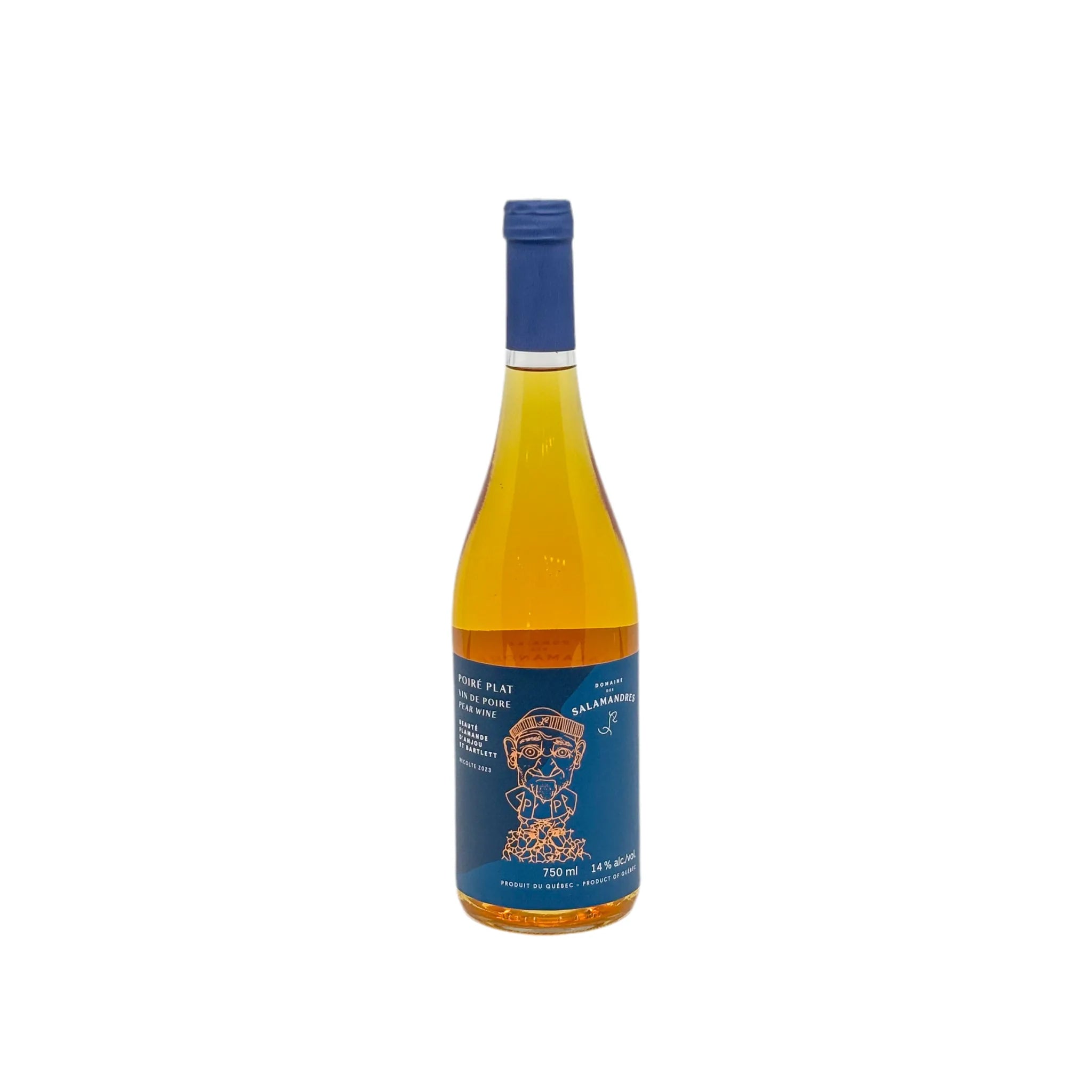 Bouteille de poiré plat Domaine des Salamandres, vin de poire, 750 ml, étiquette bleue
