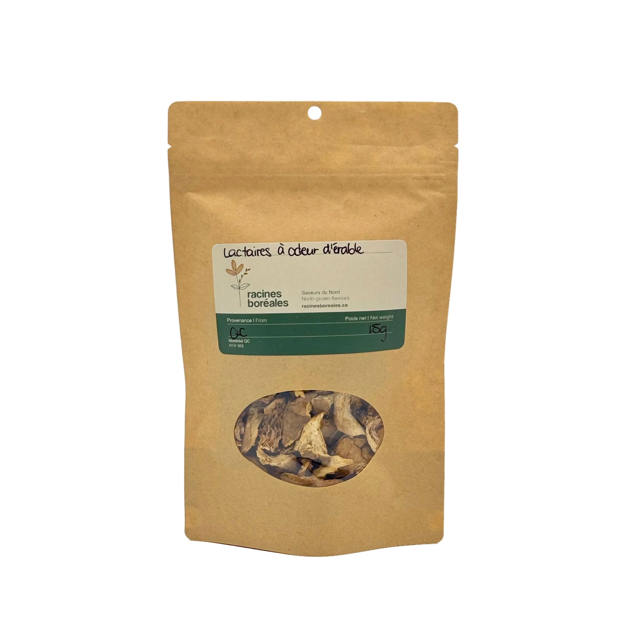 Sachet kraft de lactaires à odeur d'érable déshydratés 15 g – Racines boréales, Québec
