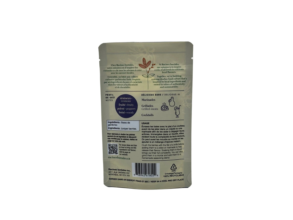 Verso du sachet de baies de genévrier déshydratées Racines boréales, avec ingrédients et suggestions d'utilisation