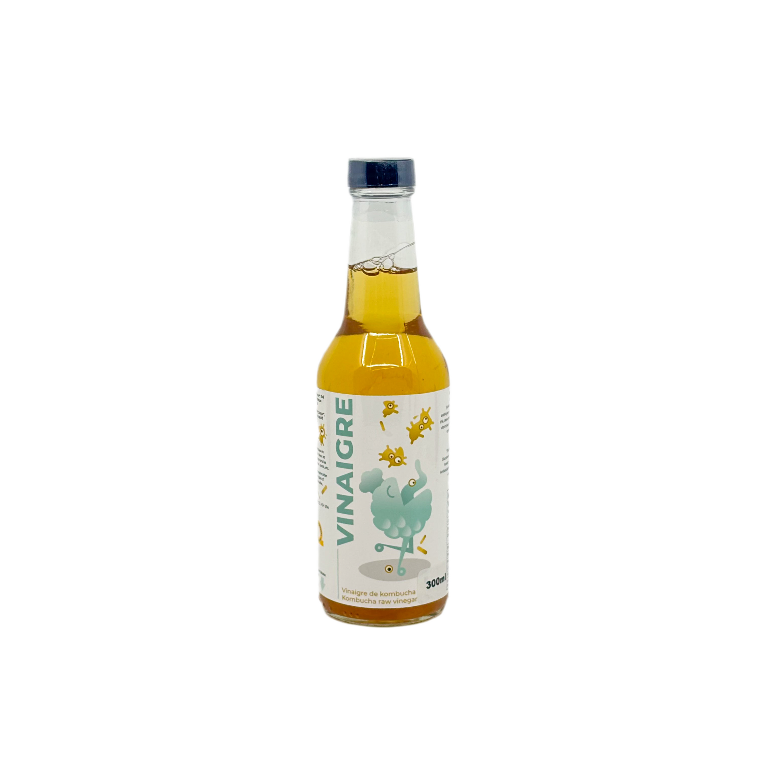 Bouteille transparente 300ml de vinaigre de kombucha, étiquette illustrée avec personnage et microbes colorés, bouchon bleu