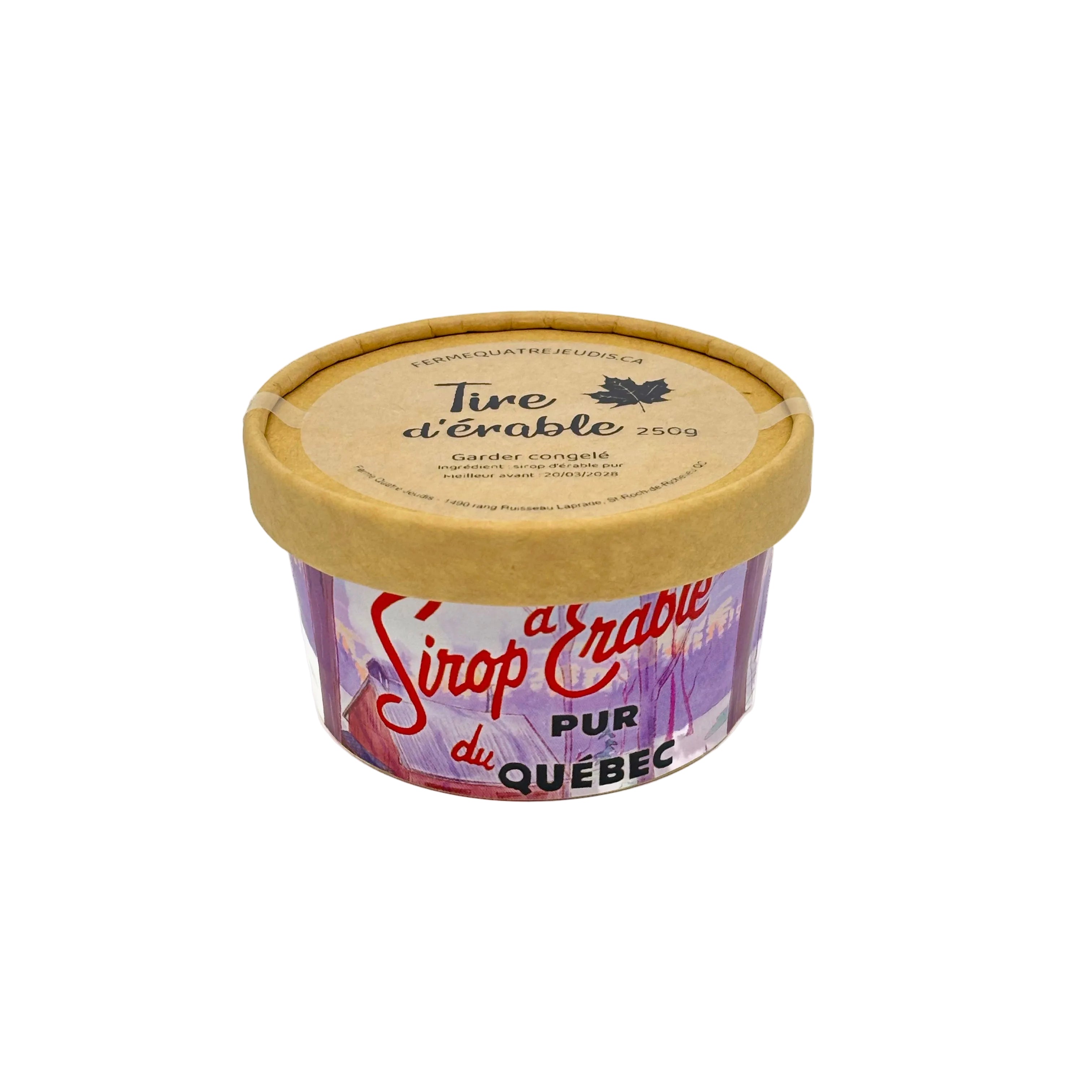 Pot de tire d’érable 250g sur fond blanc 