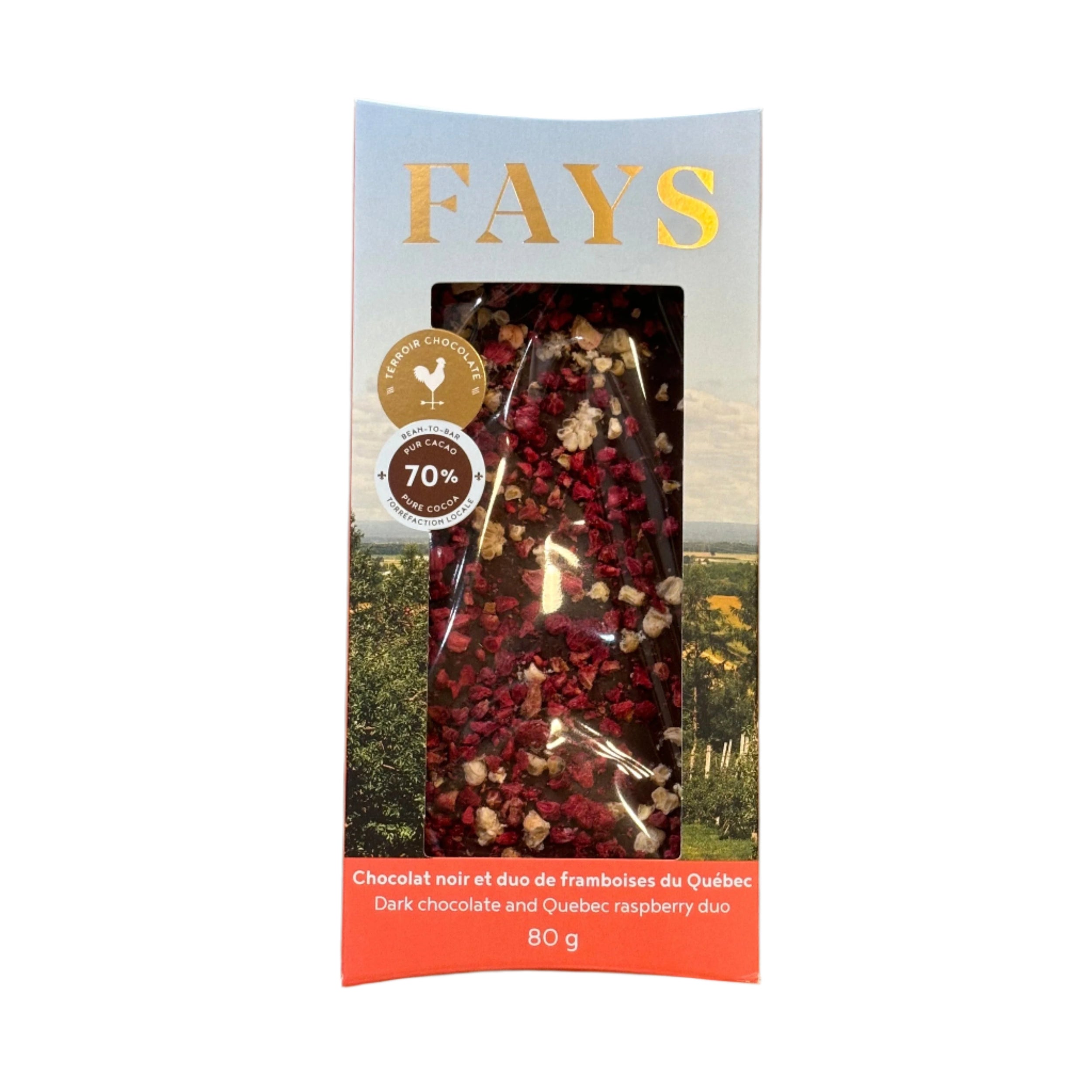 Chocolat noir bean-to-bar et duo de framboises du Québec