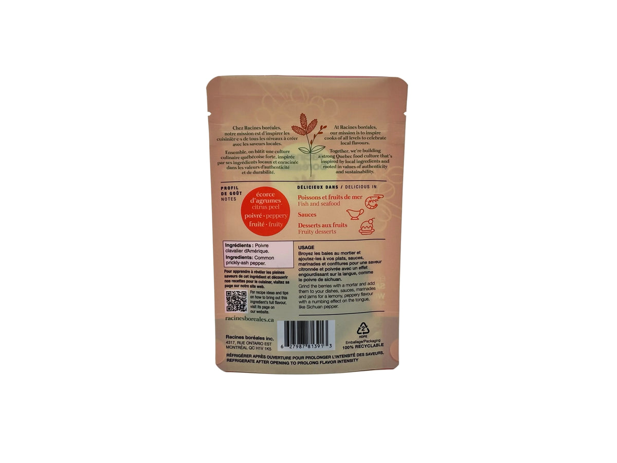 Verso du sachet de poivre clavalier d'Amérique Racines boréales, avec ingrédients et suggestions d'utilisation
