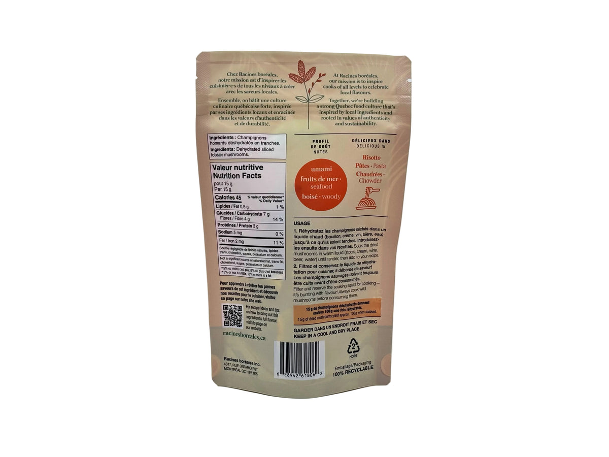 Verso du sachet de champignons homards déshydratés Racines boréales, avec ingrédients et valeur nutritive