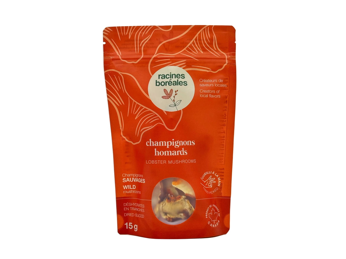 Sachet orange de champignons homards (lobster) déshydratés en tranches Racines boréales, 15 g, cueillis à la main, avec fenêtre montrant les champignons séchés