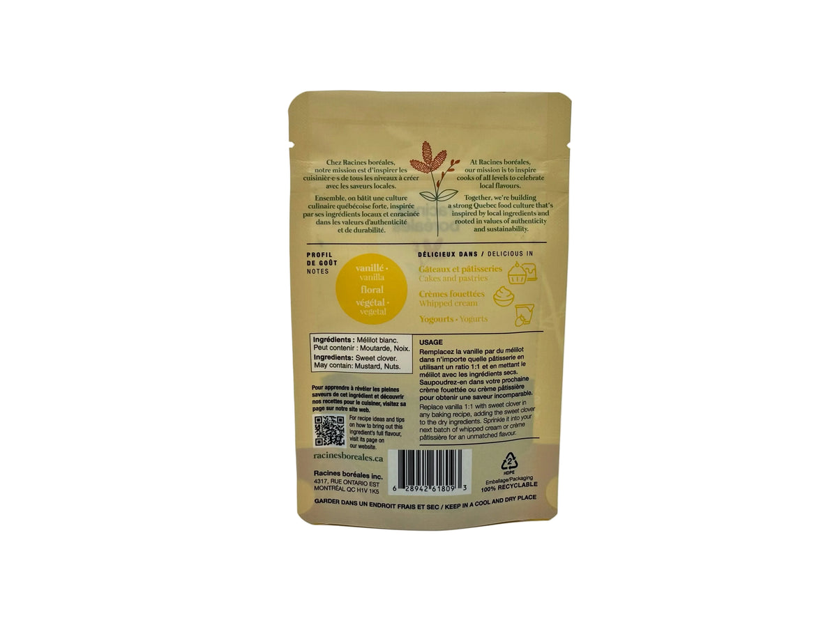Verso du sachet de mélilot blanc en poudre Racines boréales, avec ingrédients et suggestions d'utilisation