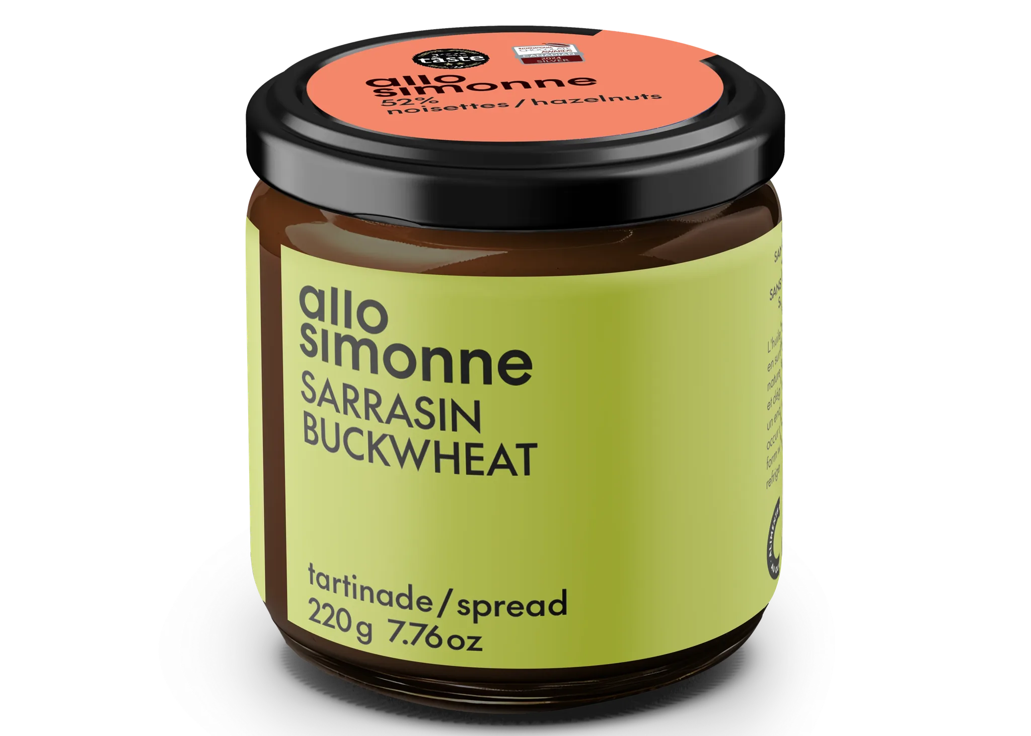 Pot de tartinade Allo Simonne au sarrasin, noisettes et chocolat noir 220g, étiquette verte