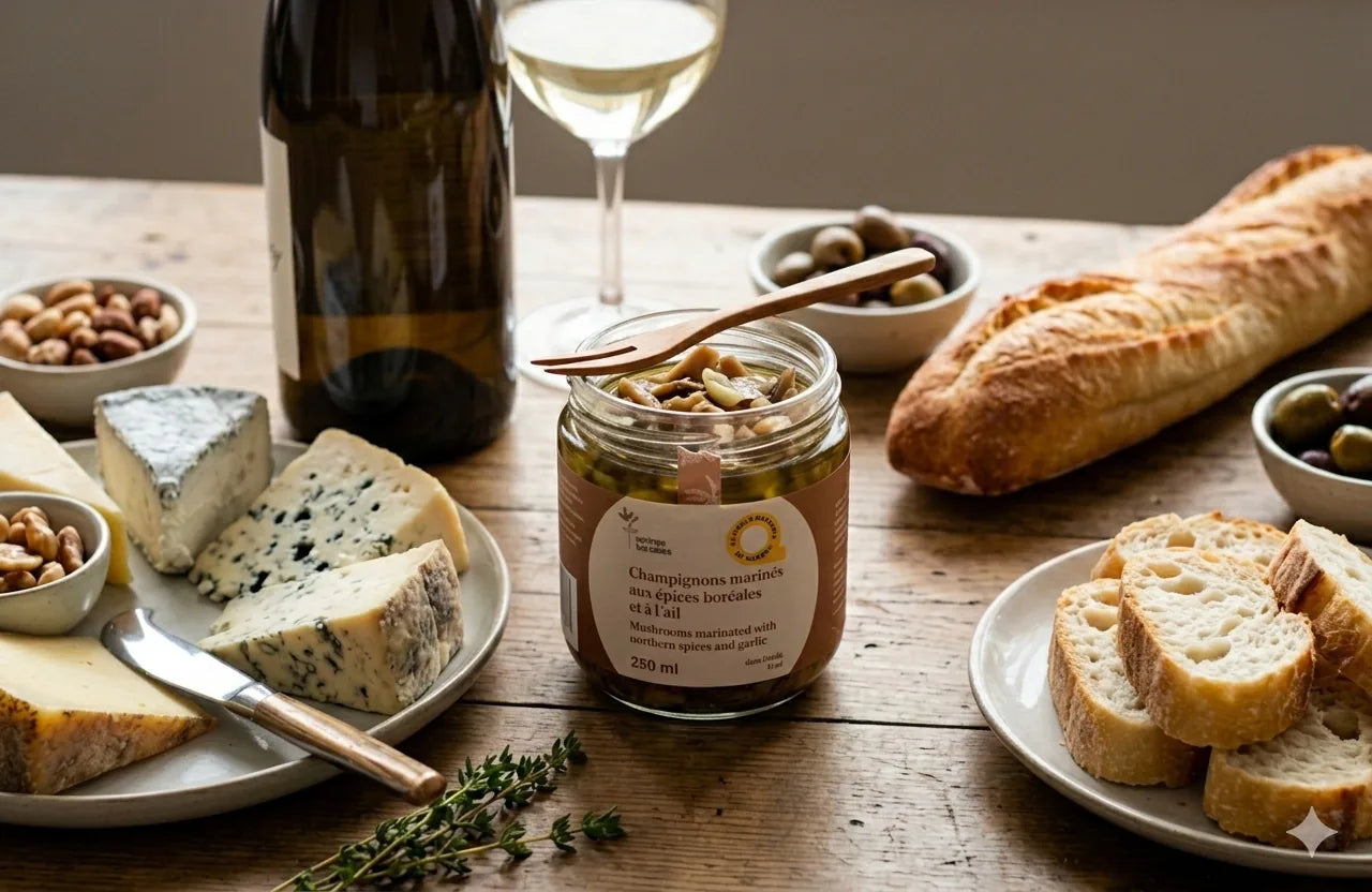 Pot de Champignons marinés aux épices boréales et à l'ail entouré de fromage bleu, baguette et verre de vin blanc