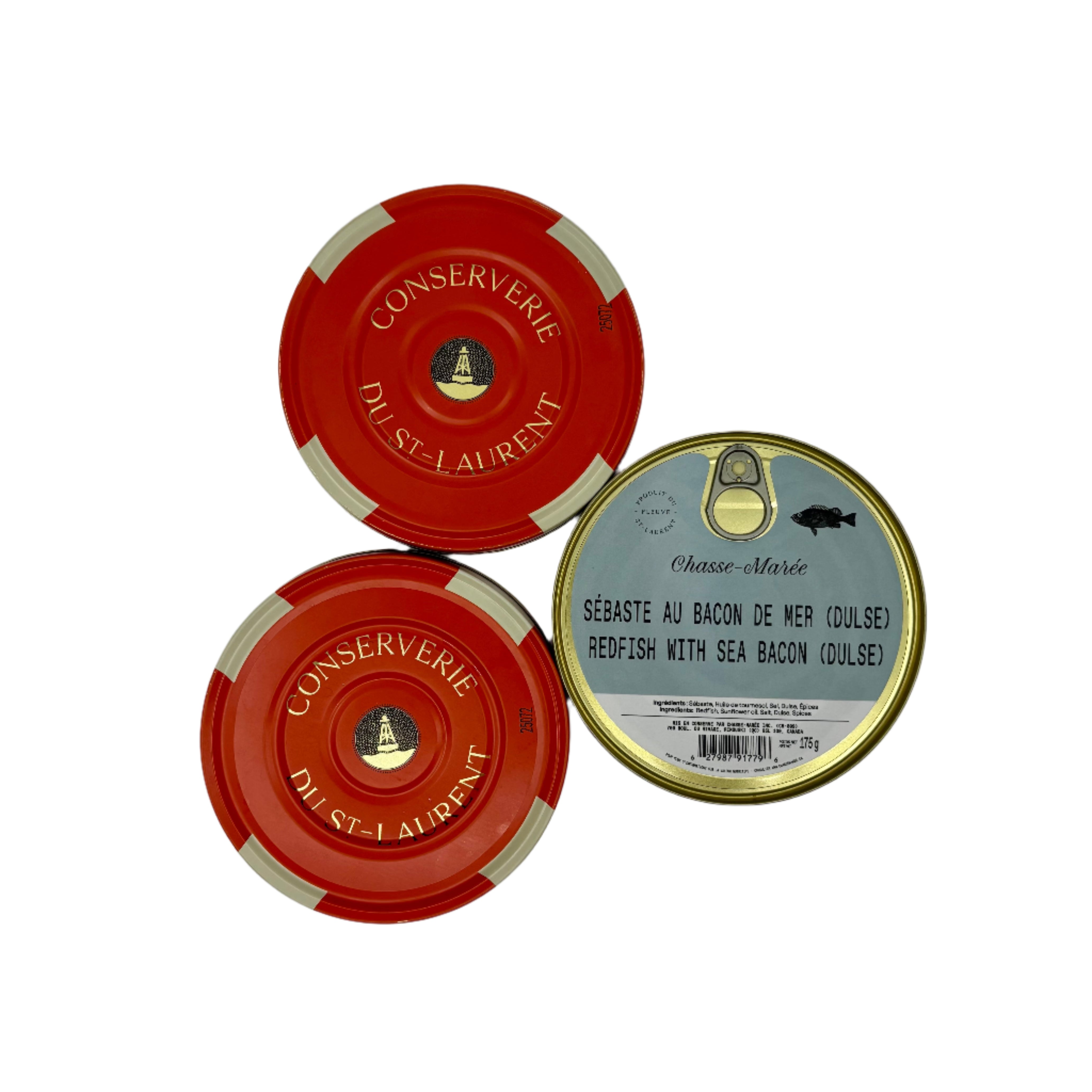 3 conserves de sébaste au bacon de mer de chasse-marée, dont deux sont de dos