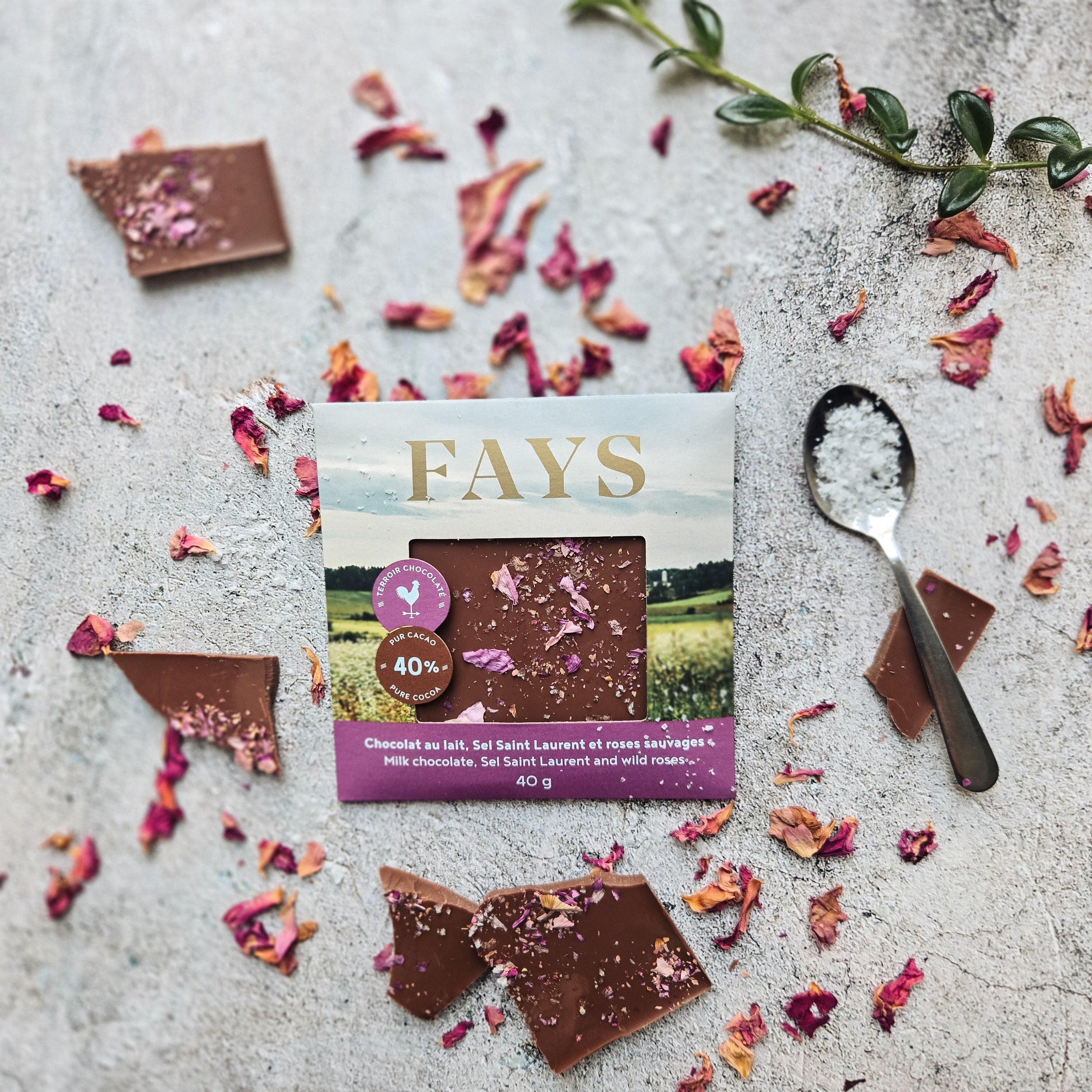 Chocolat au lait, sel Saint-Laurent & rose sauvage