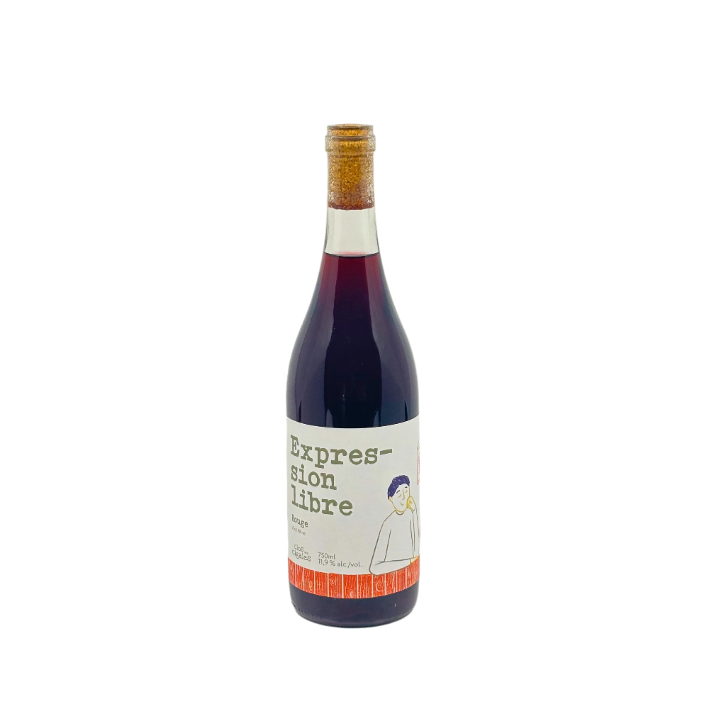 Bouteille de vin rouge Expression libre du Clos des cigales photographiée sur fond blanc