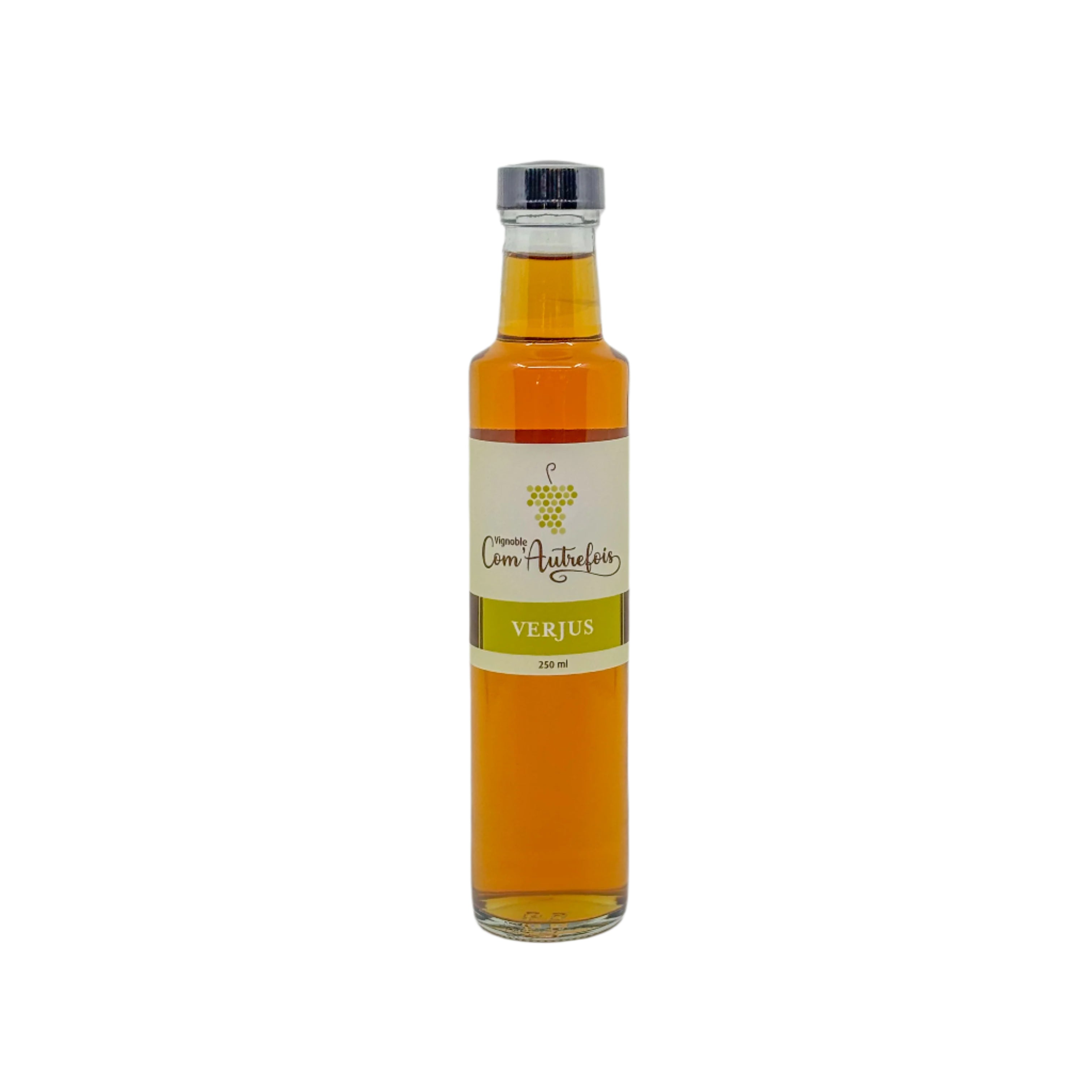 Bouteille de verjus 250 ml du vignoble Com'Autrefois photographiée sur fond blanc