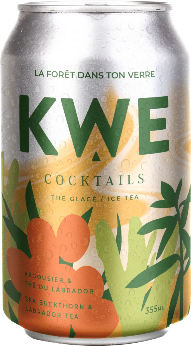 Canette KWE Cocktails thé glacé argousier et thé du Labrador 355ml, illustration fruits orange sur fond beige