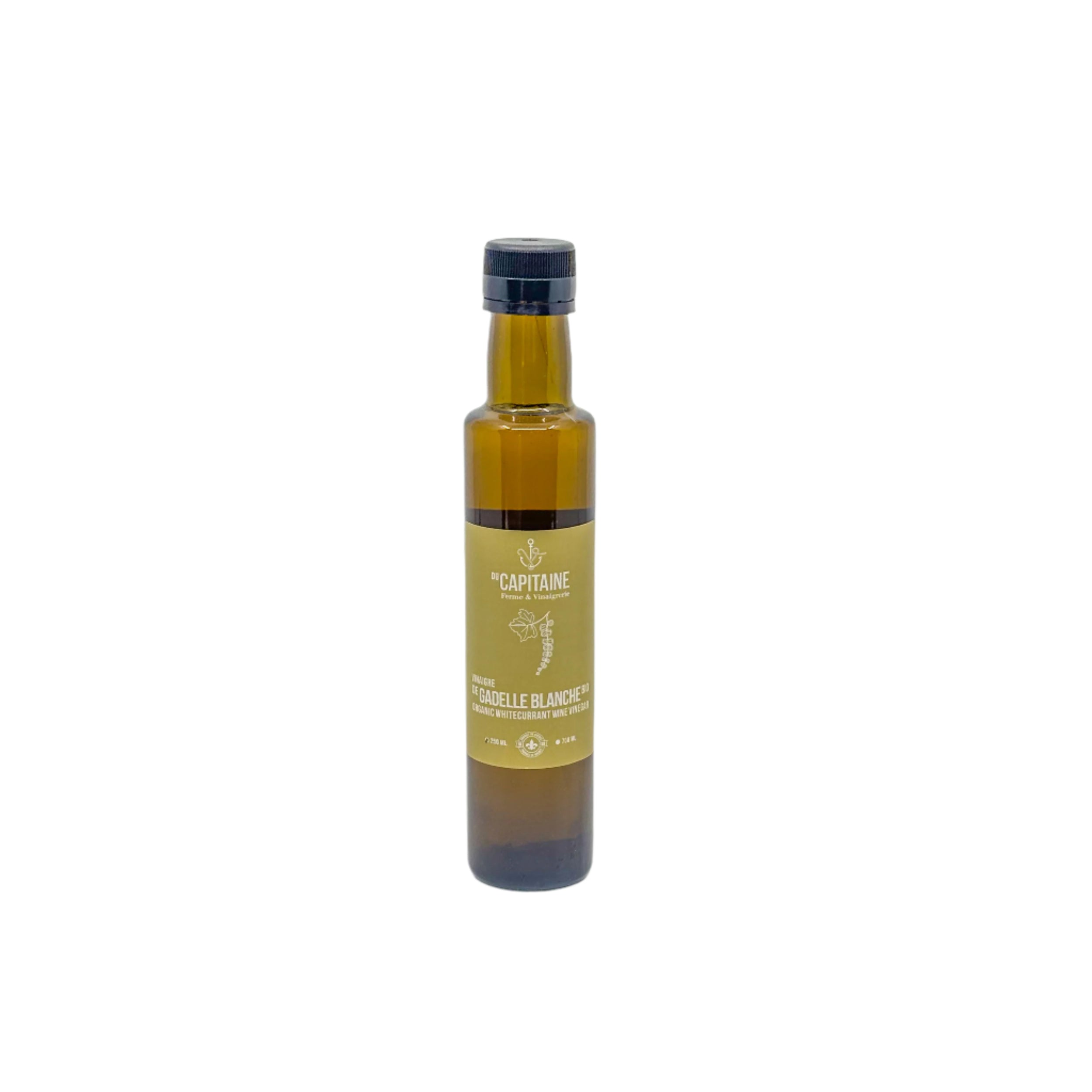 Bouteille de vinaigre de gadelle blanche bio du Capitaine sur fond blanc