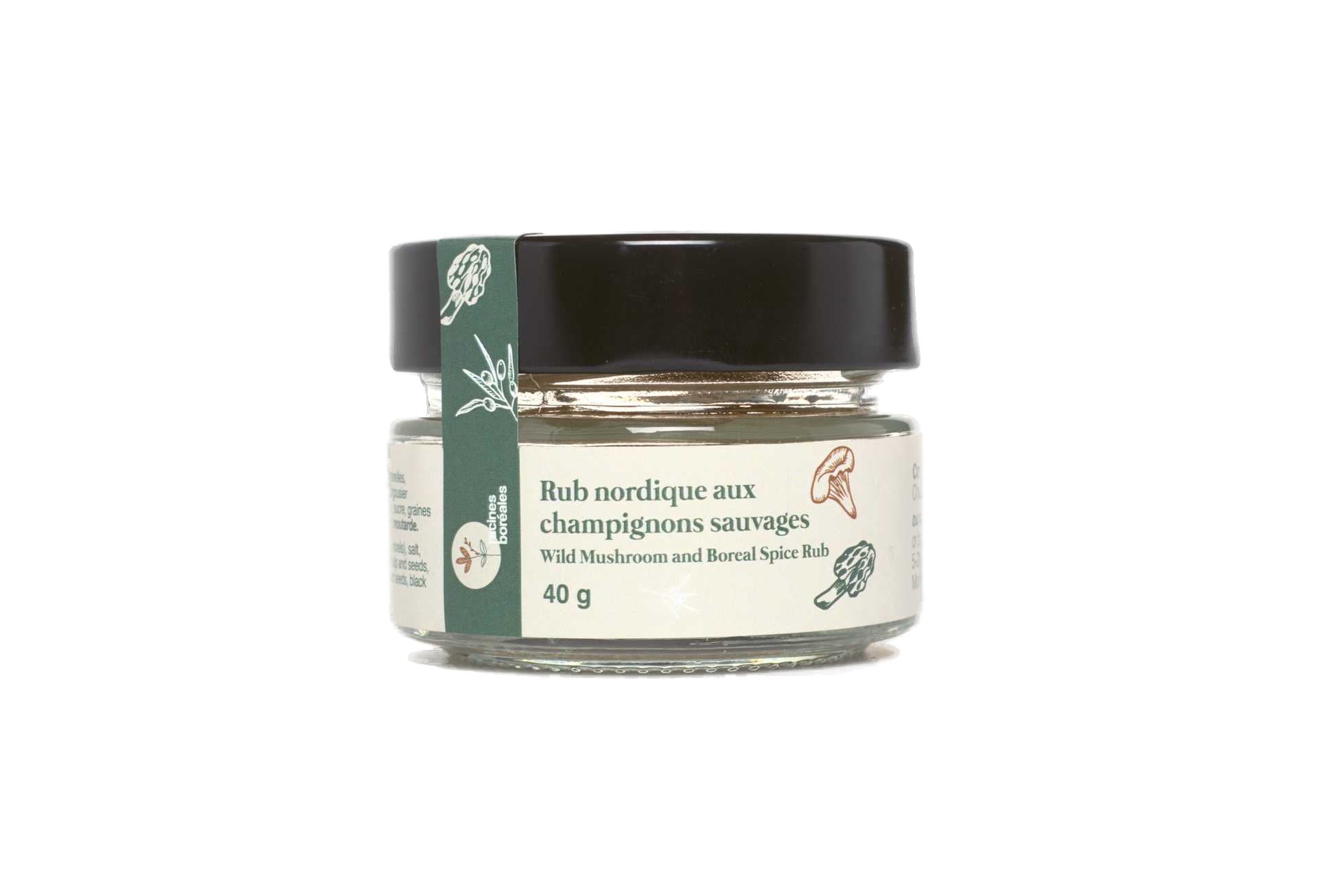 Rub nordique aux champignons sauvages contenant chanterelles, morilles, poivre des dunes fumé et pulpe d'argousier. Photographié sur fond blanc.