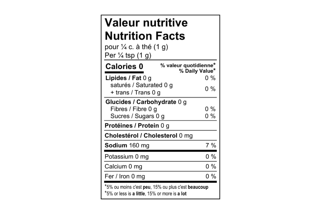 Tableau de valeur nutritive du mélange d'épices à gravlax. Sodium: 160 mg, 7%. Source négligeable d'autres éléments nutritifs.