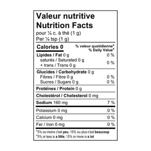 Tableau de valeur nutritive du mélange d'épices à gravlax. Sodium: 160 mg, 7%. Source négligeable d'autres éléments nutritifs.