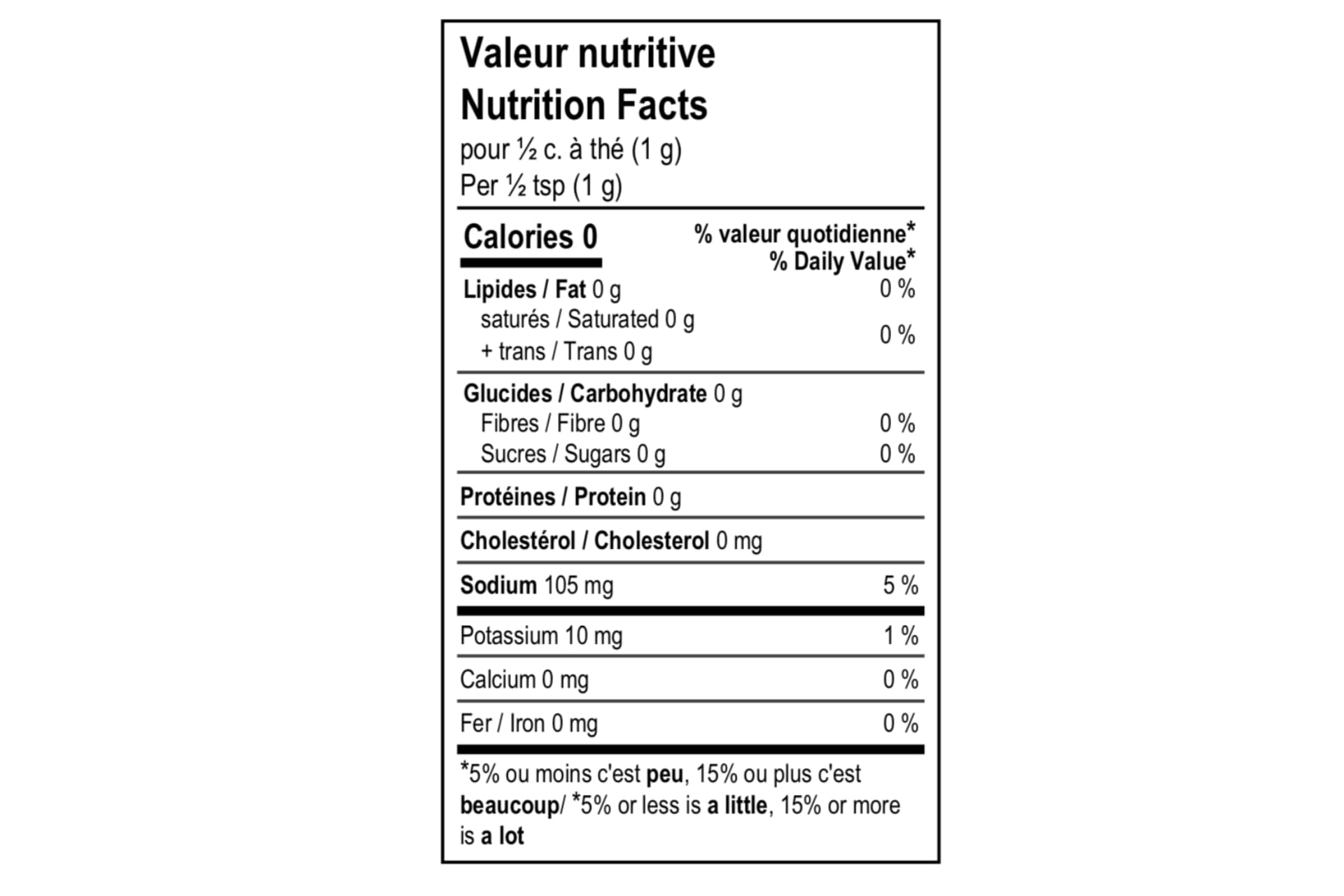Tableau de valeur nutritive pour le rub nordique aux champignons sauvages. Sodium: 105 mg, 5%. Potassium: 10 mg, 1%. Source négligeable d'autres éléments nutritifs.